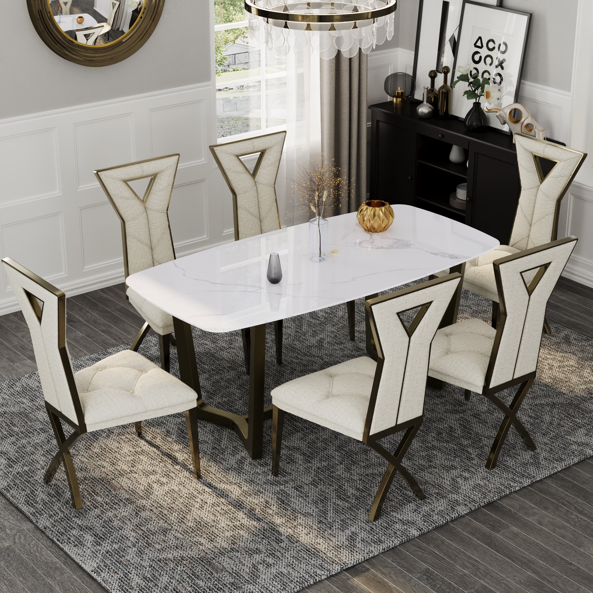 70" White Dining Table | Sintered Stone Dining Room Table for 4-6 | Brass Frame | T236