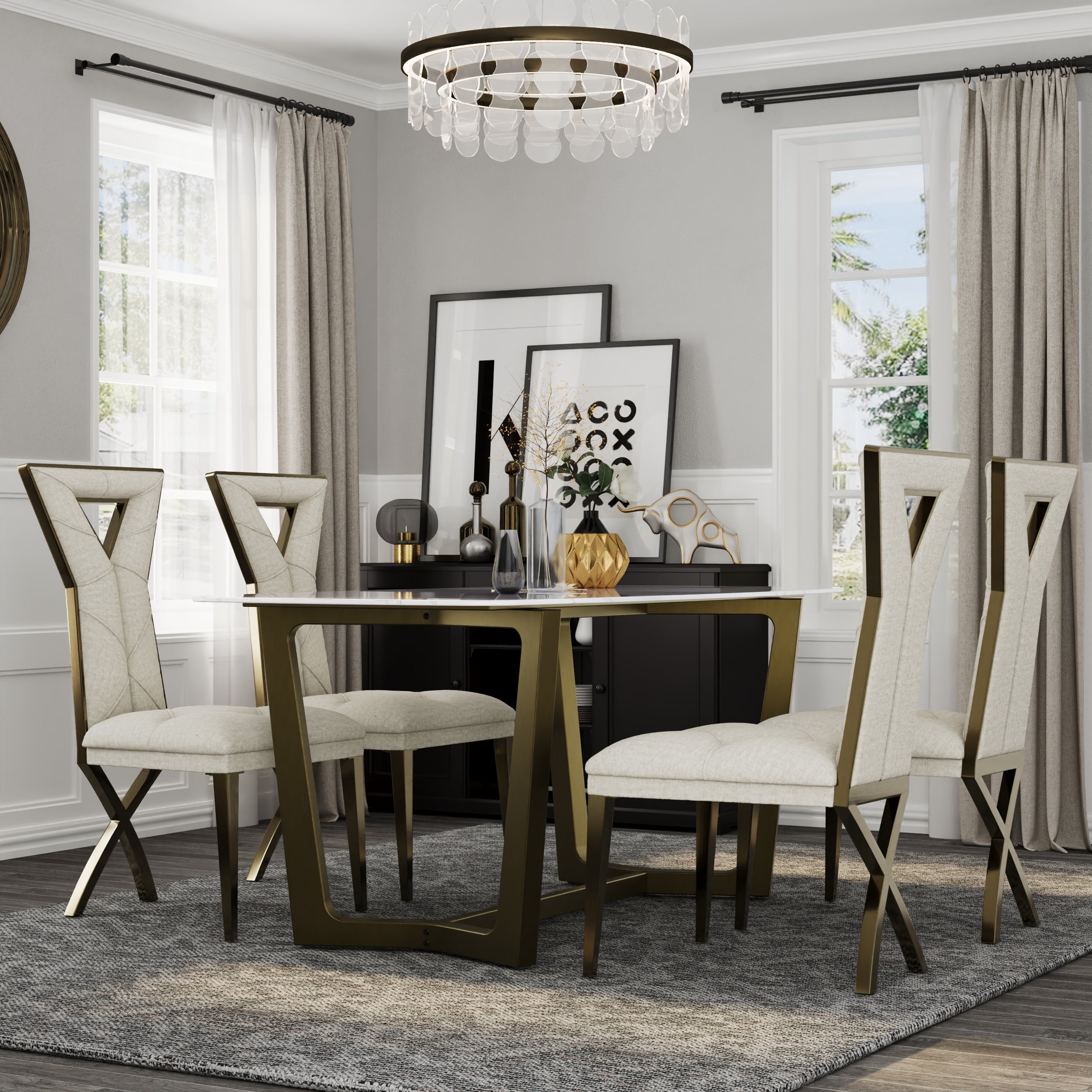 70" White Dining Table | Sintered Stone Dining Room Table for 4-6 | Brass Frame | T236