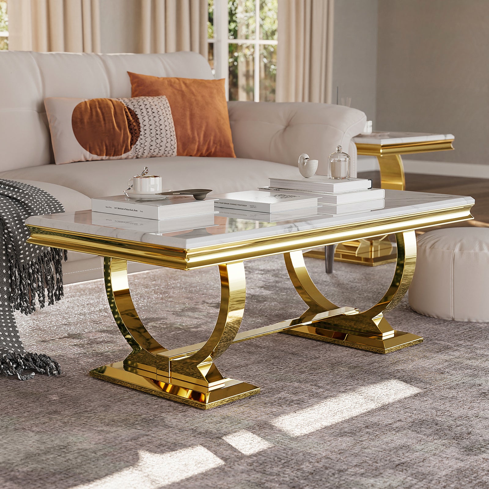 White and gold Coffee Table with Metal U-Base | F306