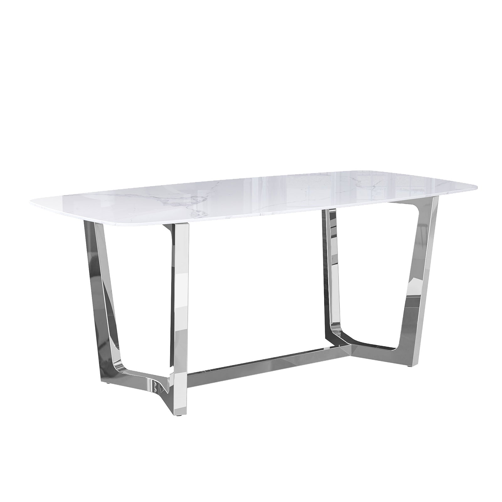 70" White Dining Table | Sintered Stone Dining Room Table for 4-6 | Silver Polished Frame | T235