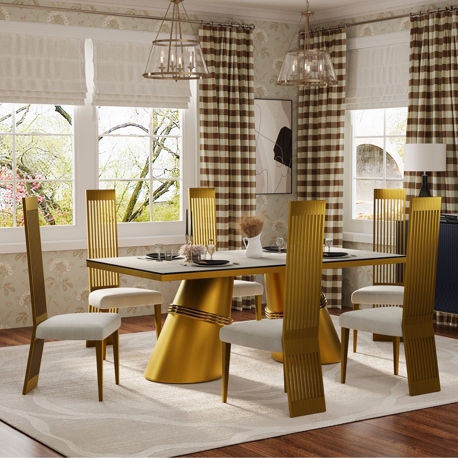 White and Brushed Gold Dining Chairs | Boucle Dining Chairs | Polished Straight legs | C180