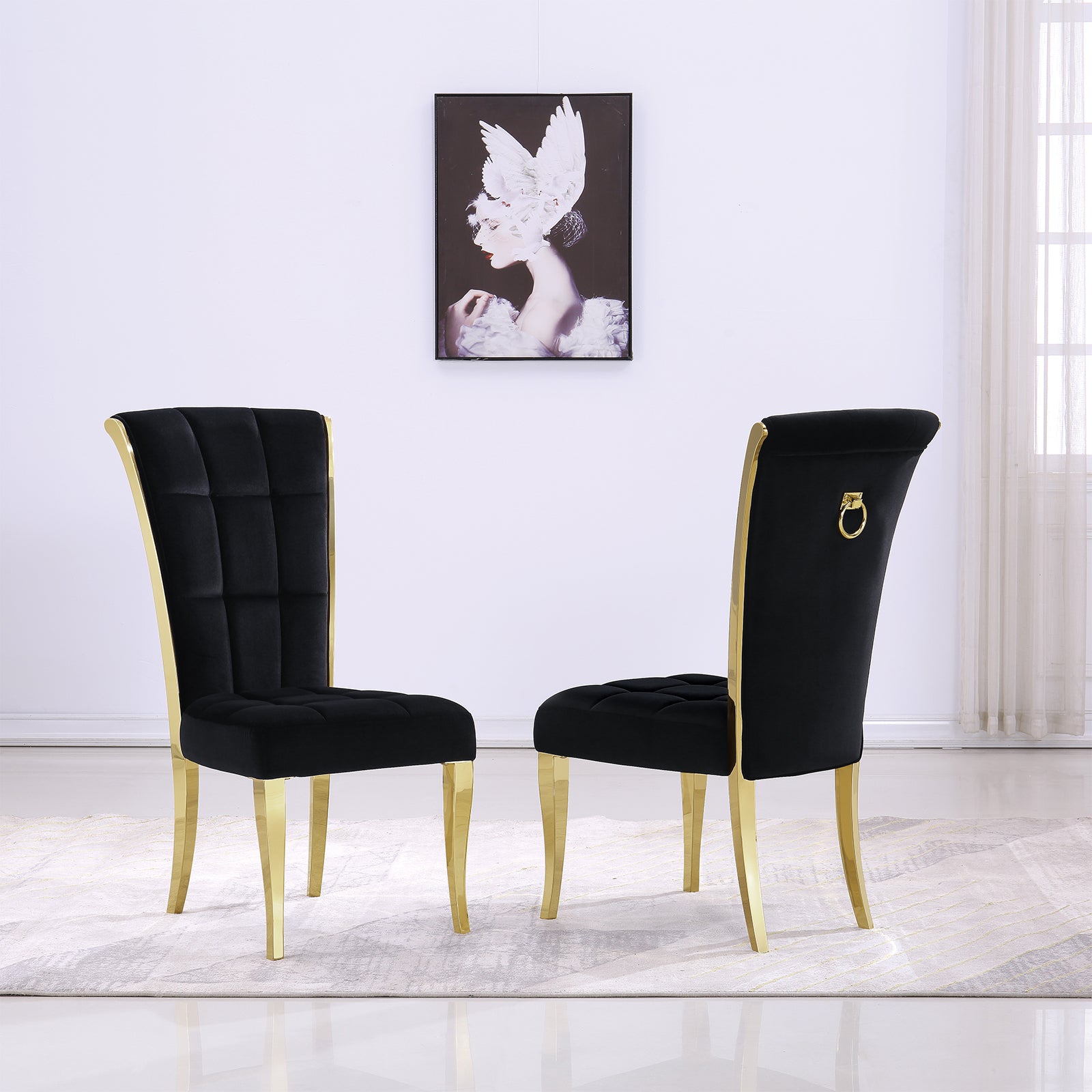 Black Velvet Dining Chairs | Geometric square back| Metal legs| C149