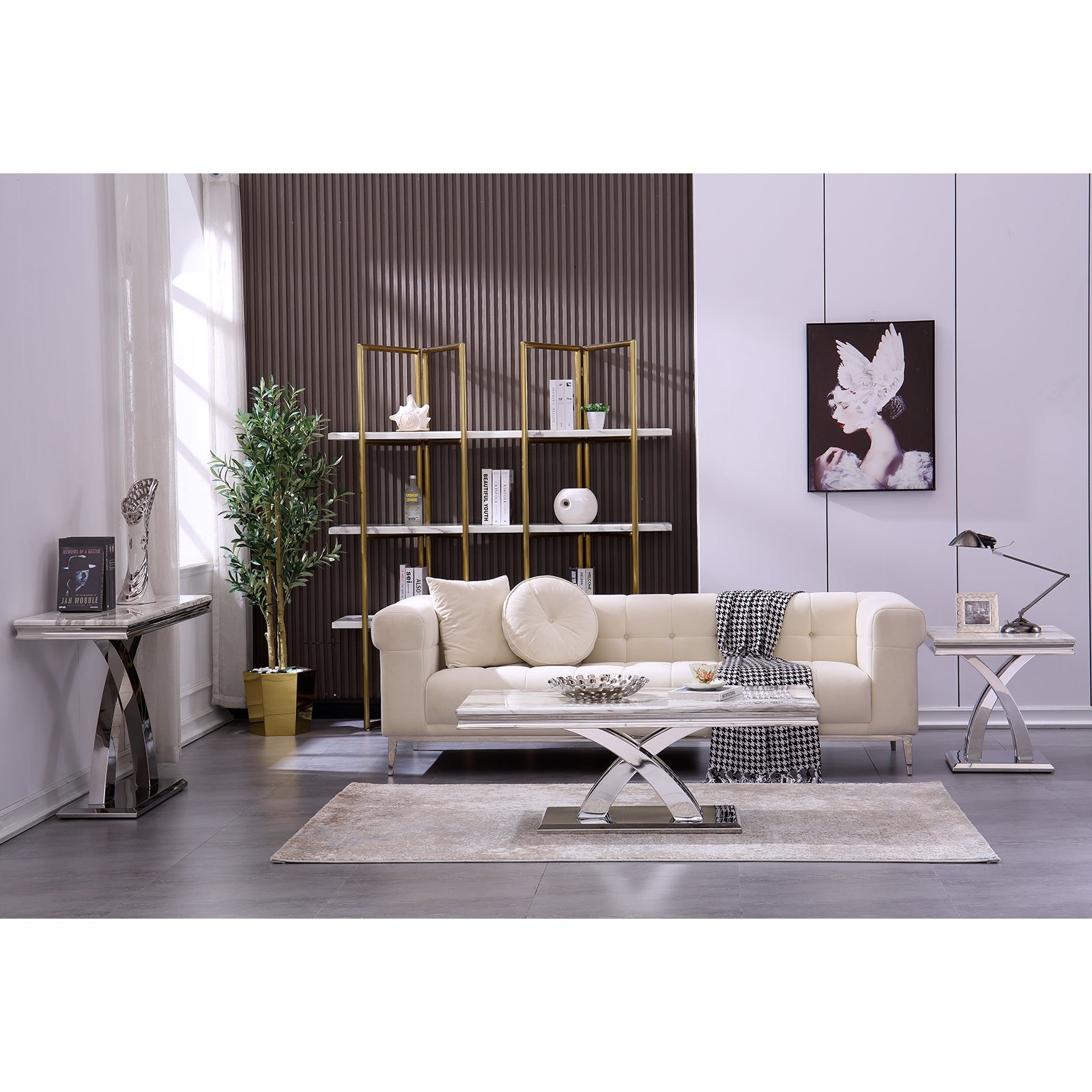 Gray Silver Sofa Table with Metal X Base | S506