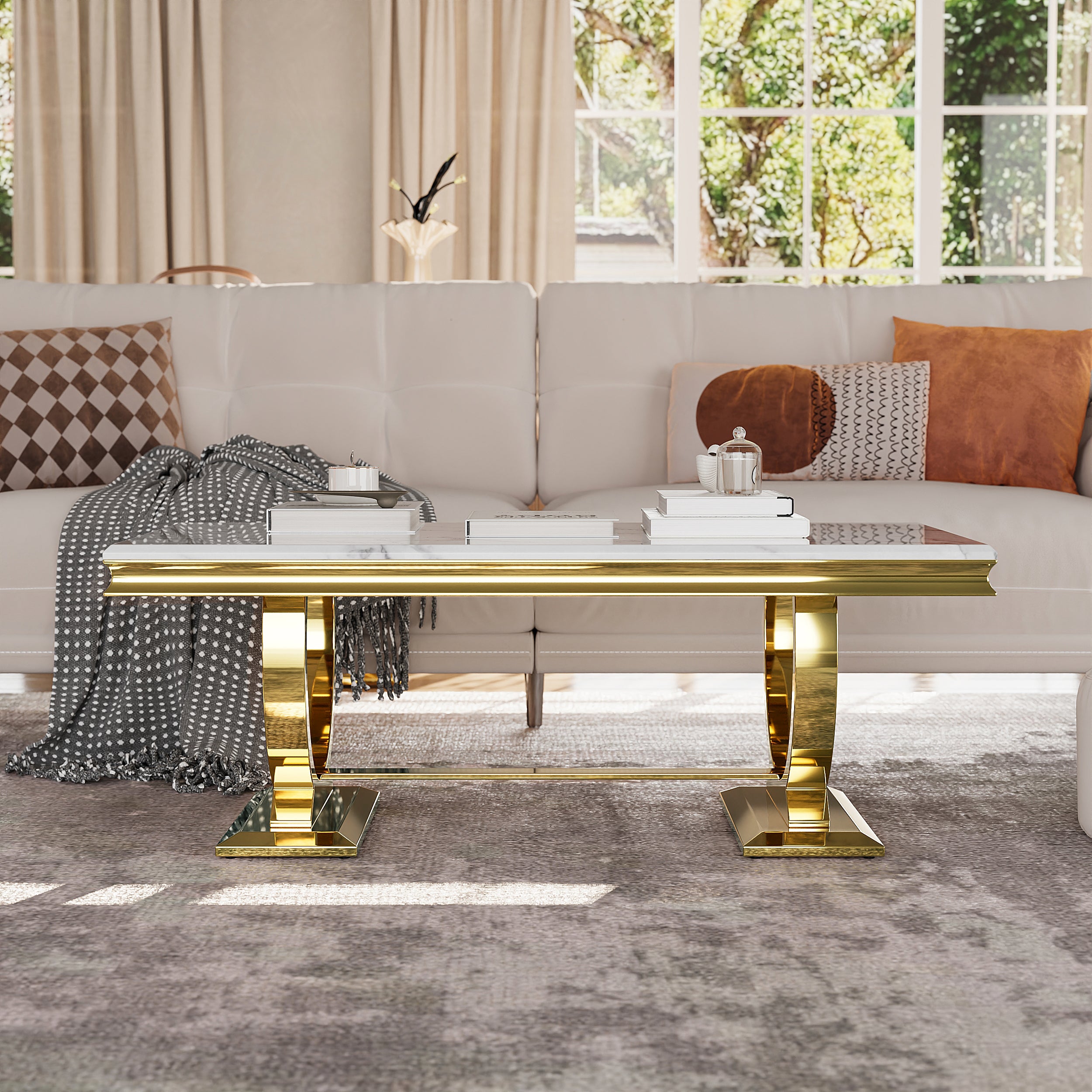 White and gold Coffee Table with Metal U-Base | F306