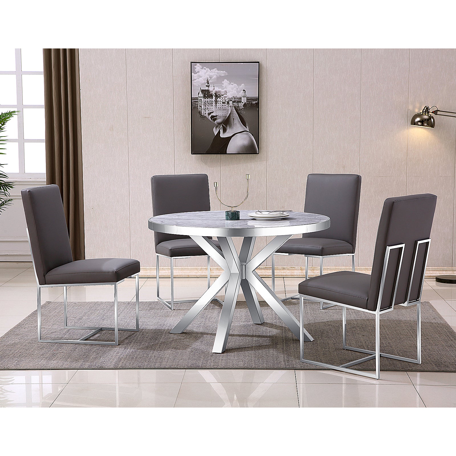 Round table |45" Gray Round Top | Silver Metal X Base | T222