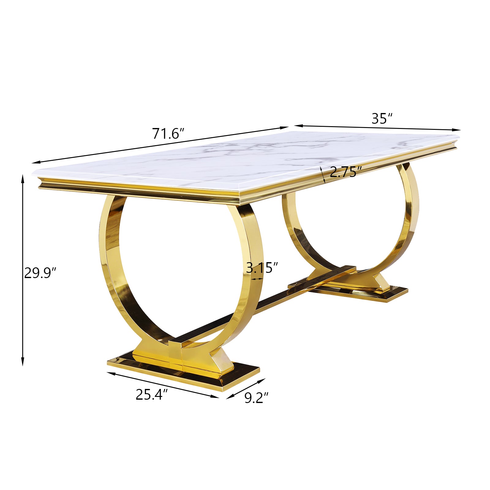 Modern Dining Room Table with Gold Stainless Steel Metal U-Base in White Gold | T206
