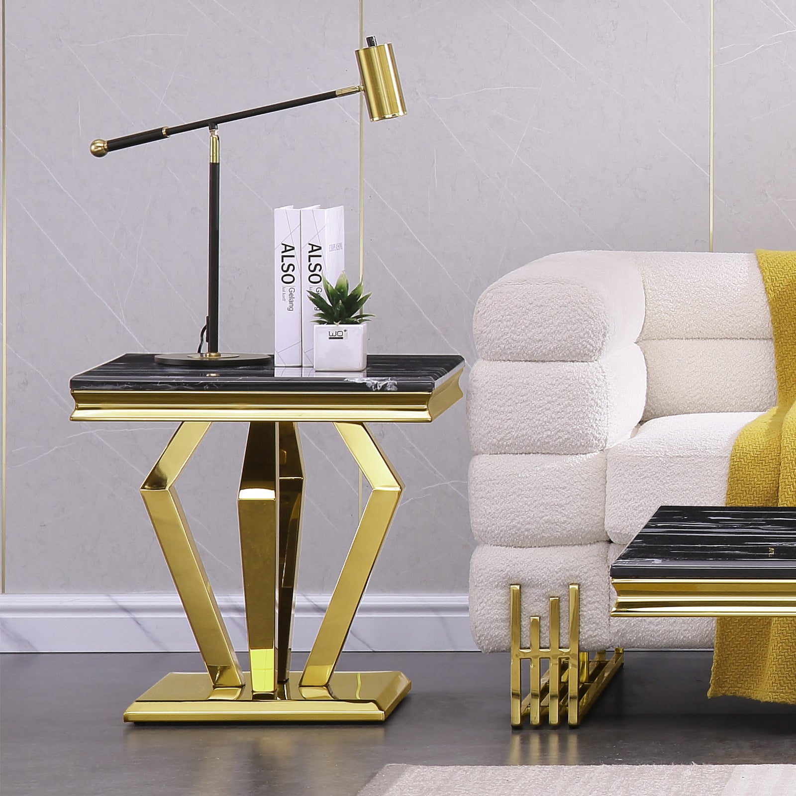 End Table with Gold Geometric Metal Base | E415