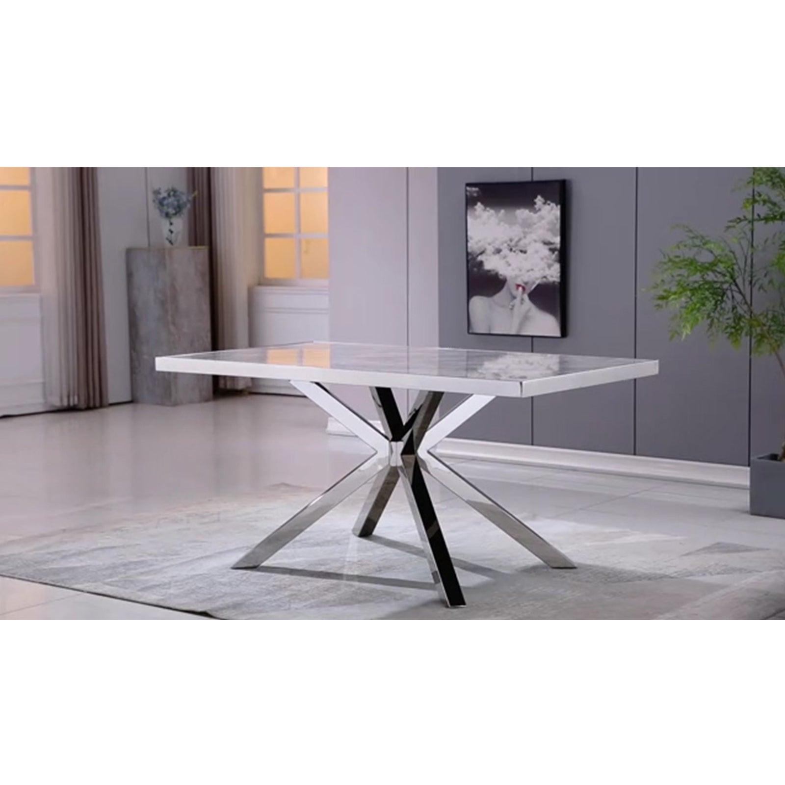 Gray Silver dining table | 63" Gray rectangle Top | Metal X-Base | T220