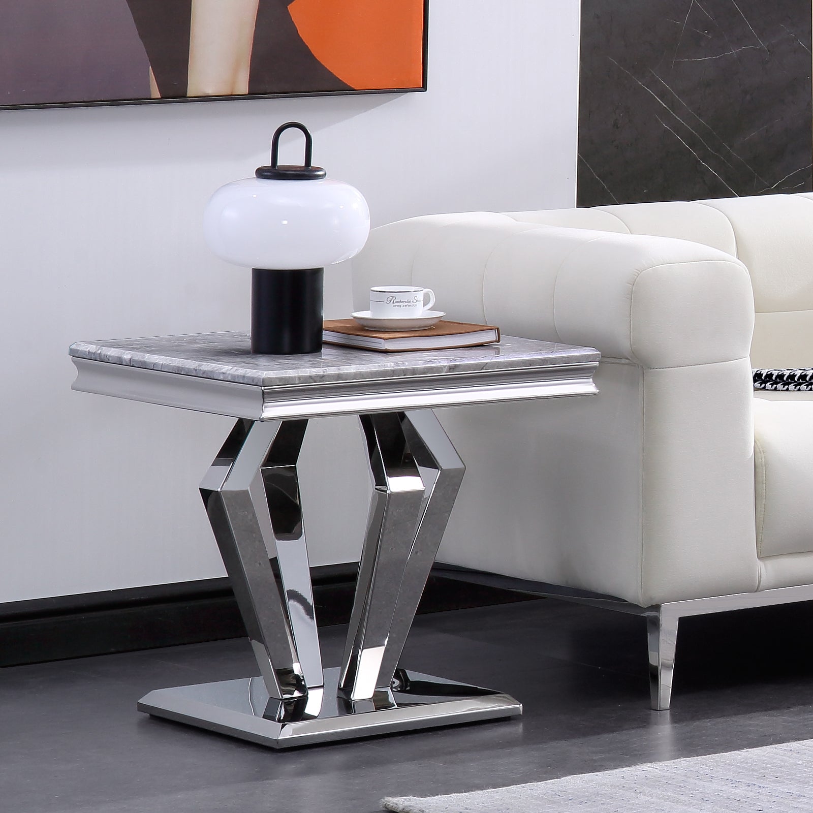 End Table with Silver Geometric Metal Base | E414