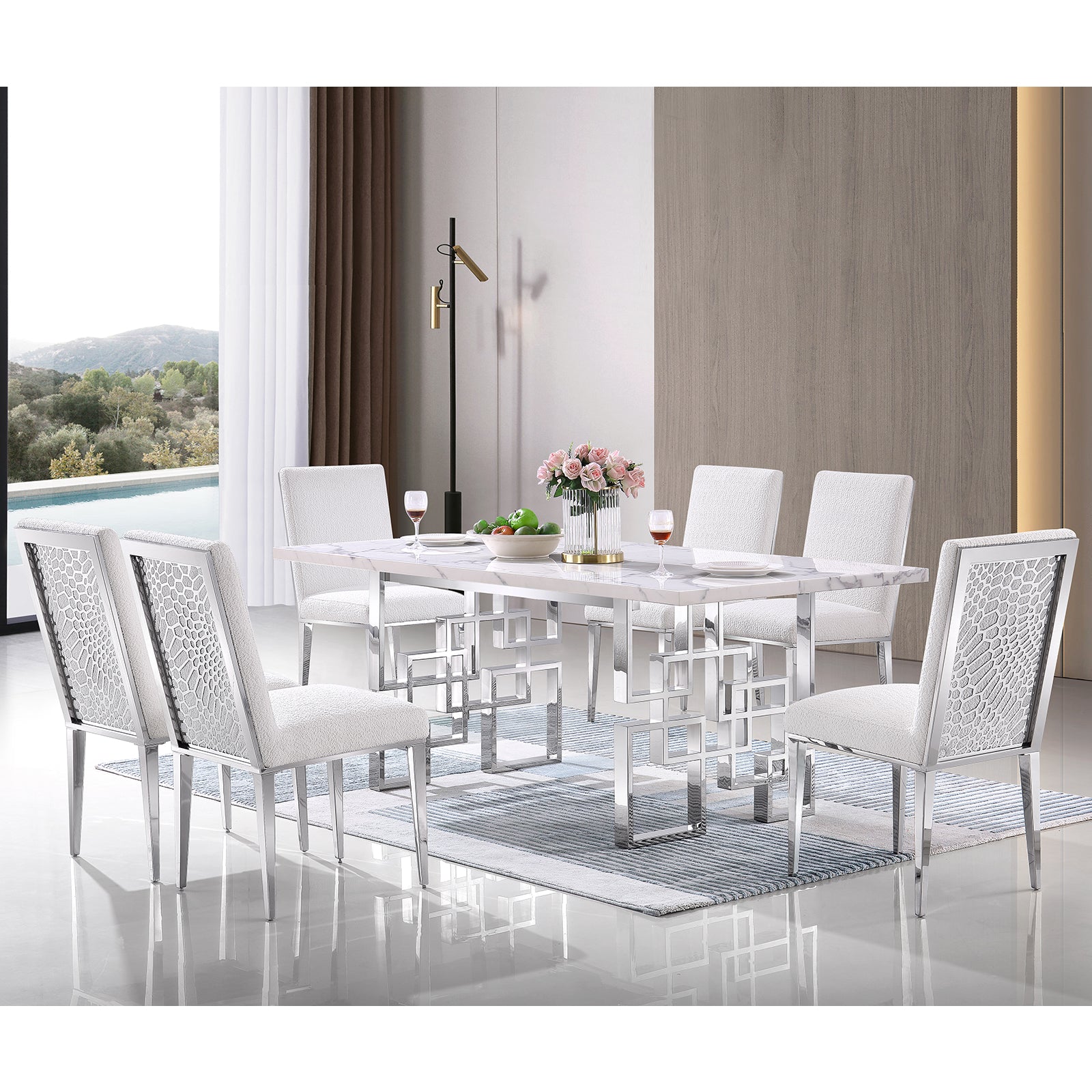 White dining table | 78" Rectangle Top | Silver Metal geometric legs | T216
