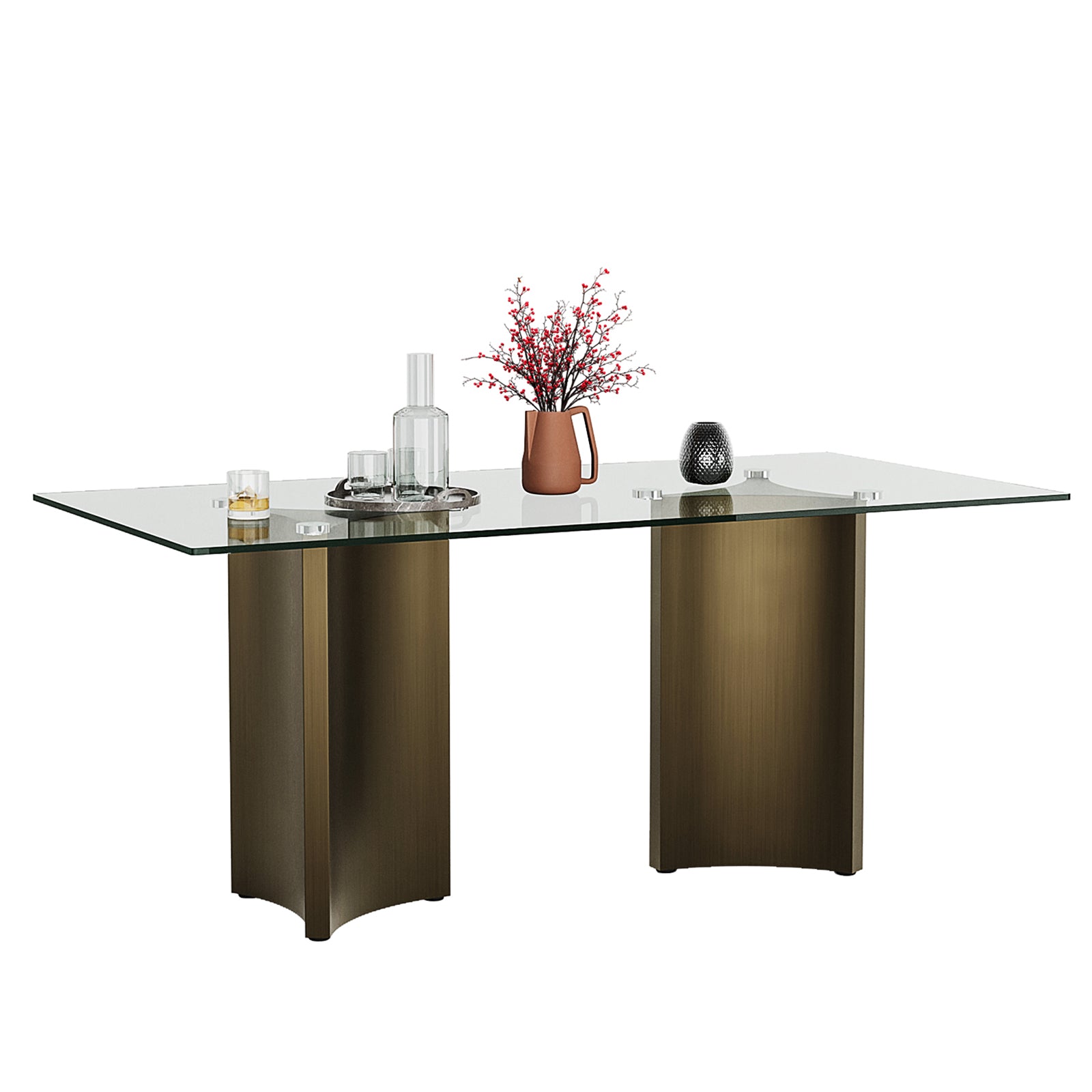 70" Glass Dining Table | Triangle Base Dining Table Table for 4-6 | Stainless Steel Brushed Gold Frame | T239