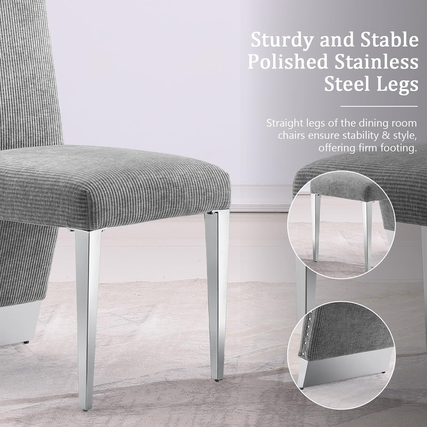 Gray Dining Chairs | Nailhead Trims Dining room Chairs| Stainless steel Legs|stripe Chairs C176