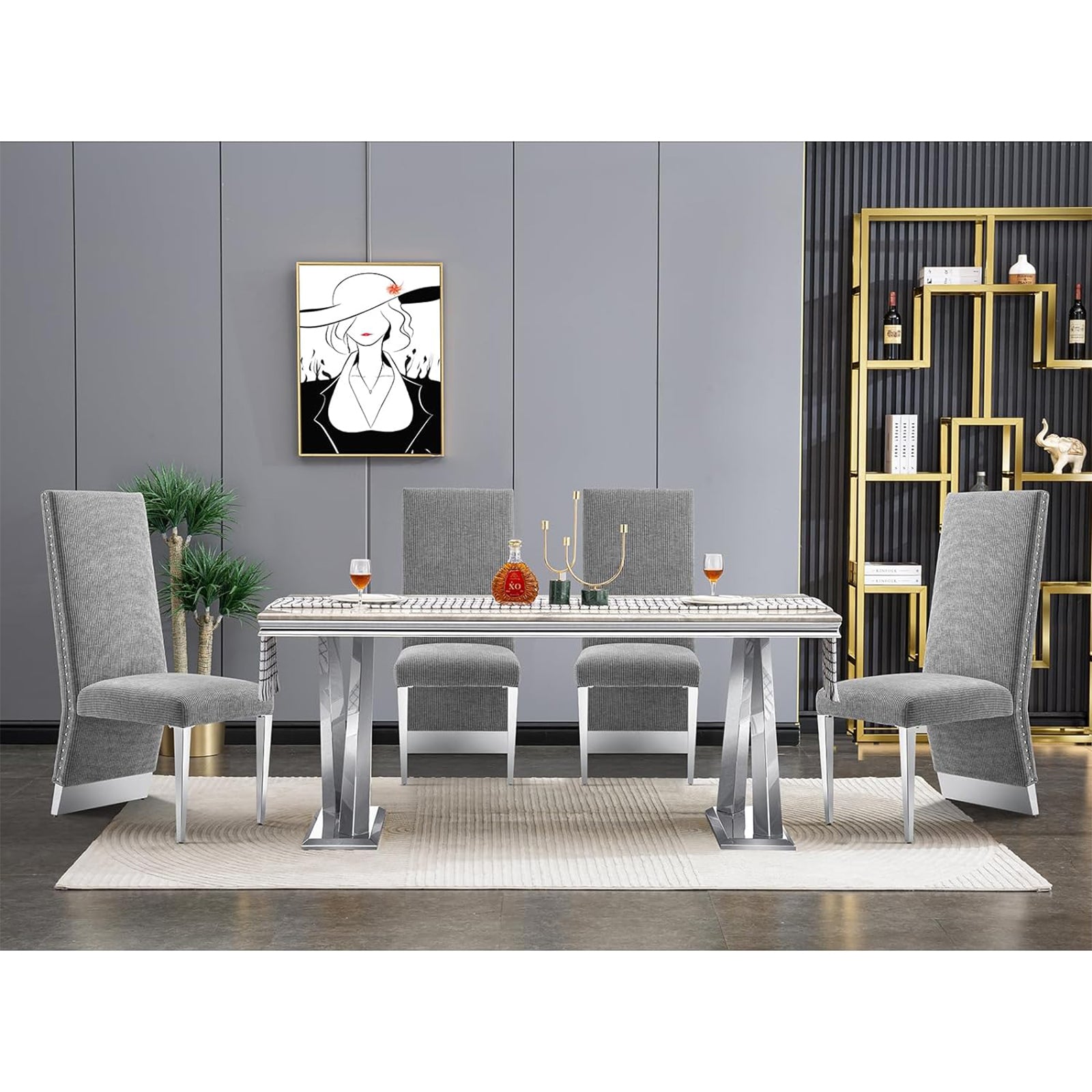Gray Dining Chairs | Nailhead Trims Dining room Chairs| Stainless steel Legs|stripe Chairs C176