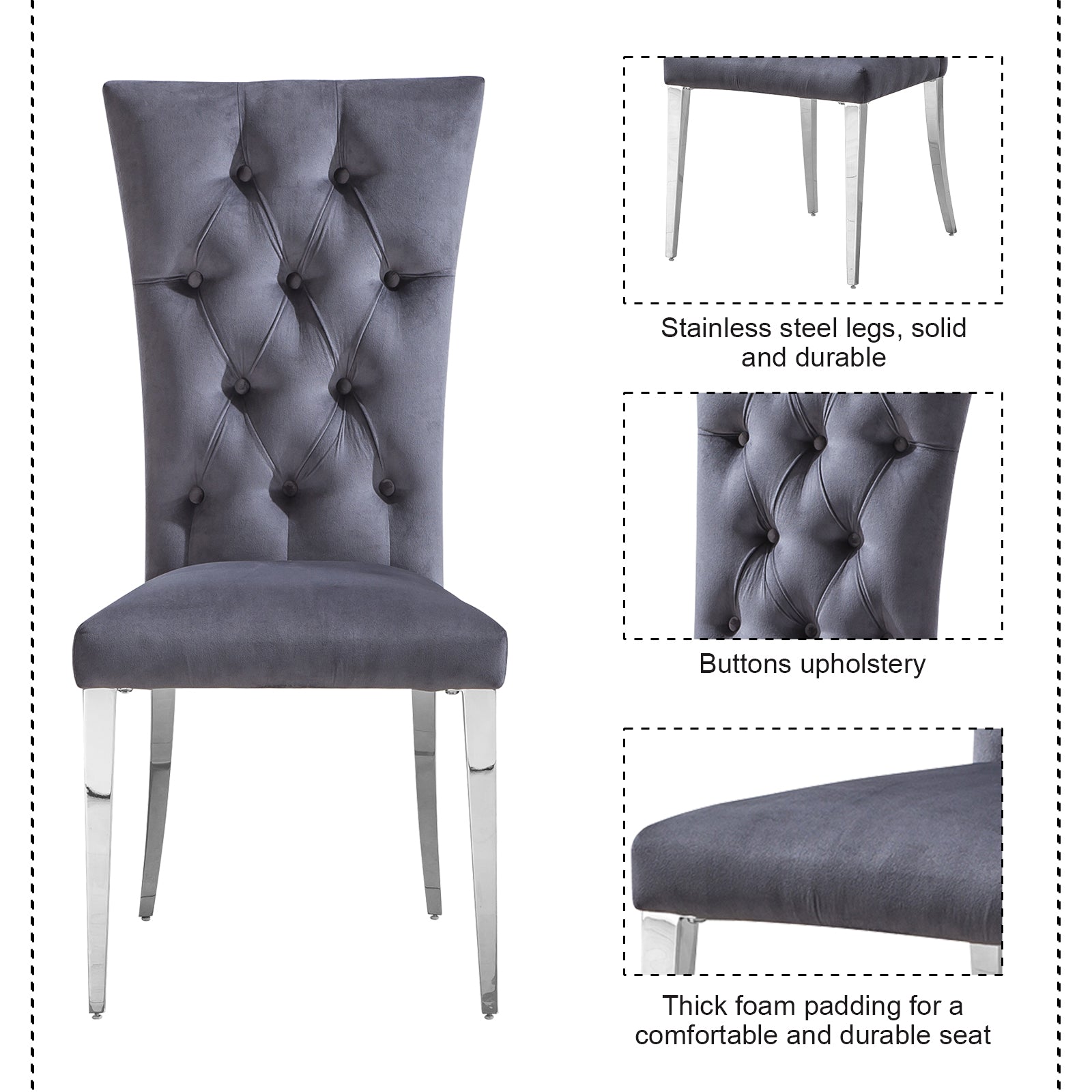 Gray Velvet Dining Chairs | Buttons Tufted | High Back| C124