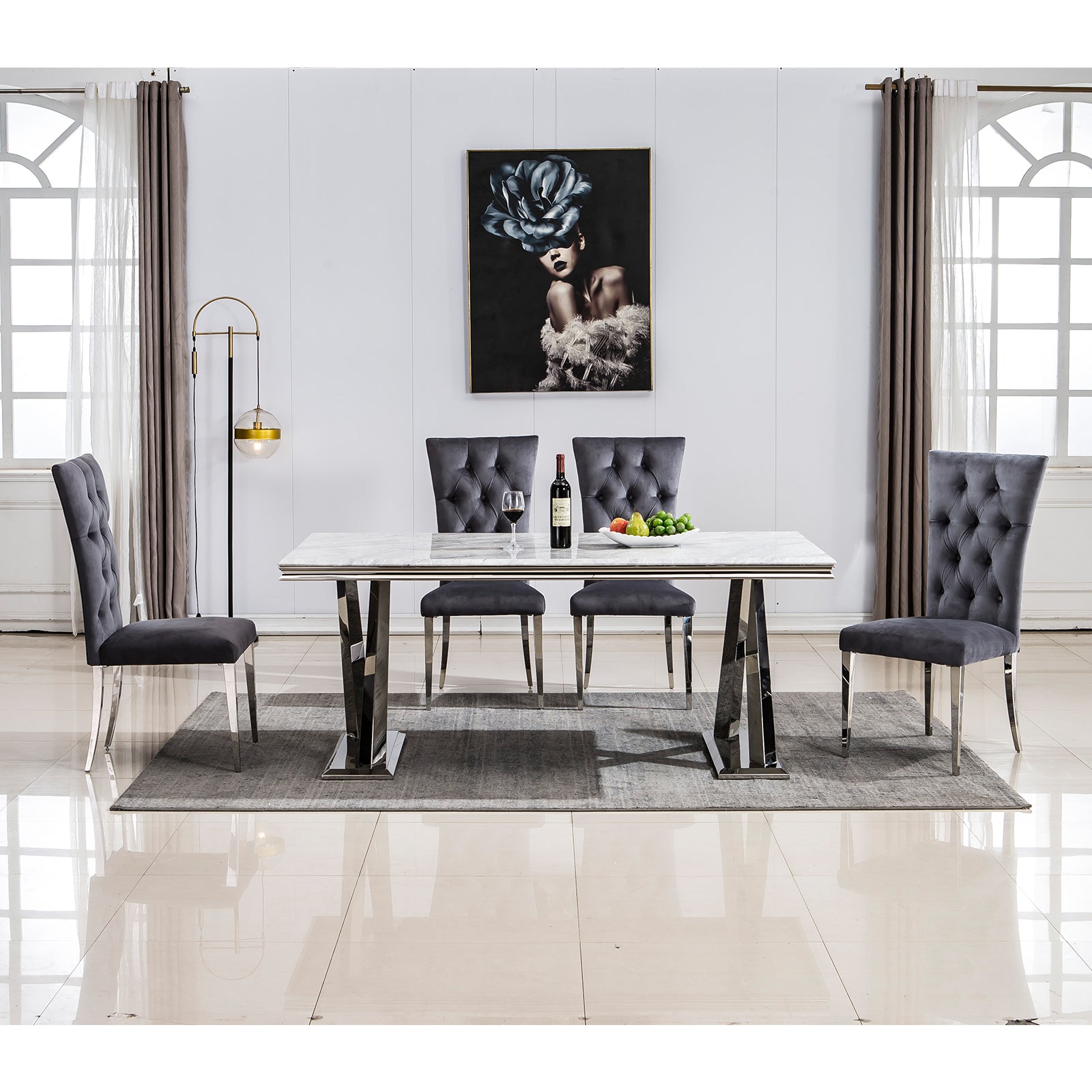 Gray Velvet Dining Chairs | Buttons Tufted | High Back| C124