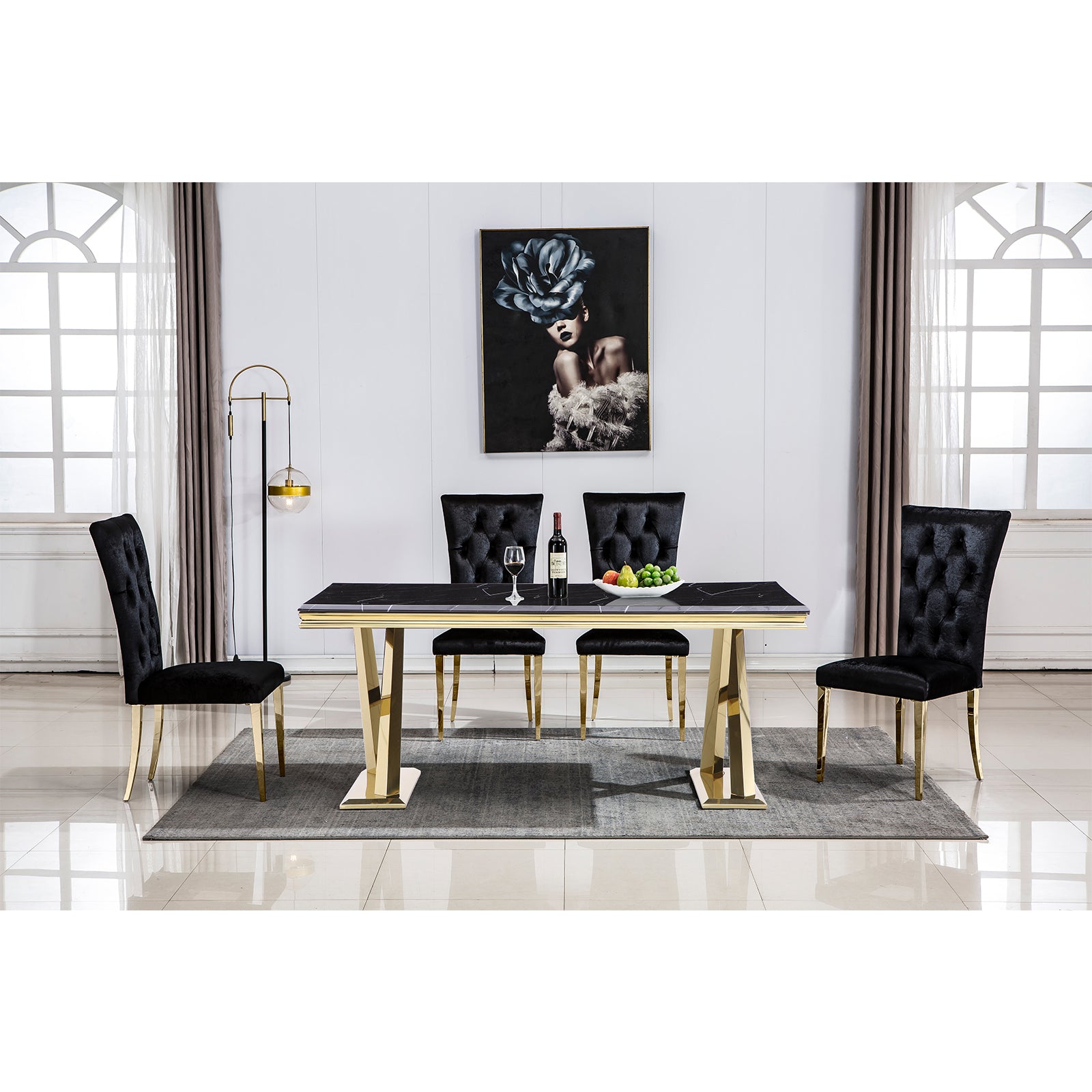 Wholesale Black Velvet Upholstered Dining Room Chair in Button Tufted Back