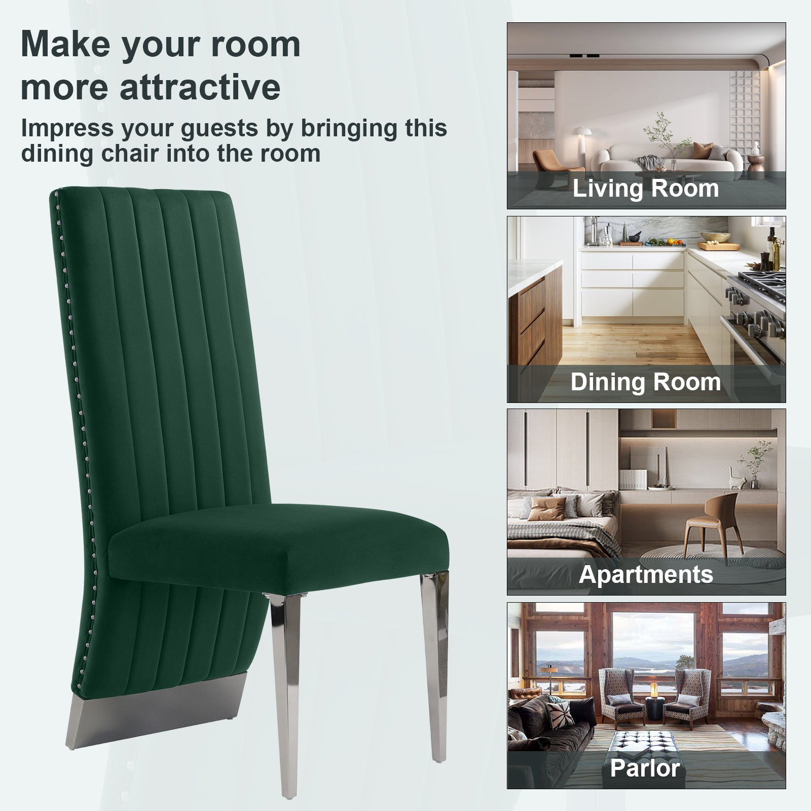 Dark Green Velvet Dining Chair with Nailhead Trim