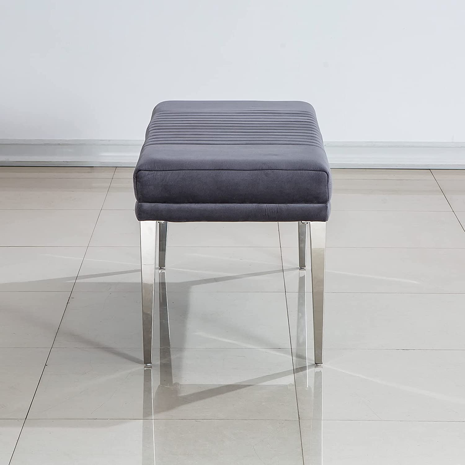 Grey Velvet Bench with Silver Stainless Steel Legs | B102