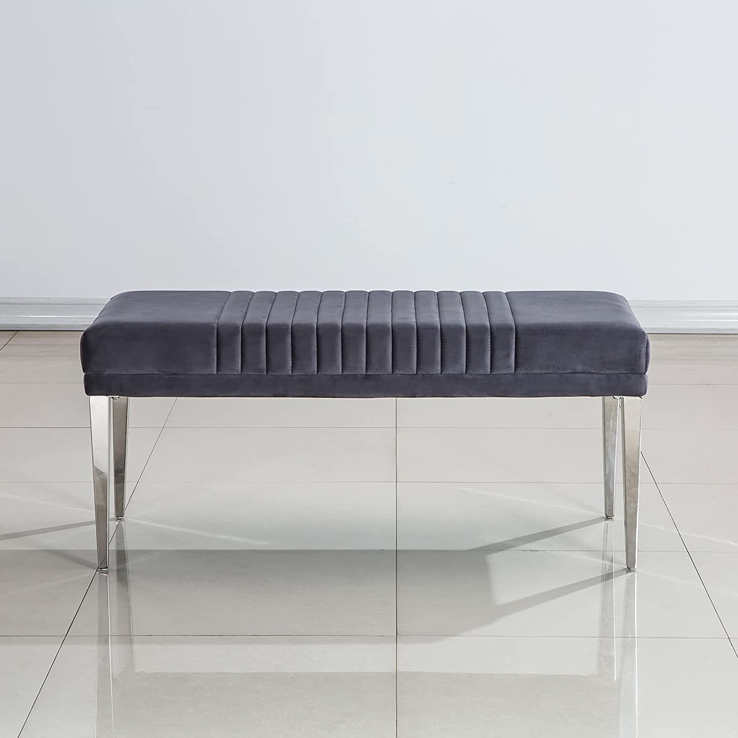 Grey Velvet Bench with Silver Stainless Steel Legs | B102