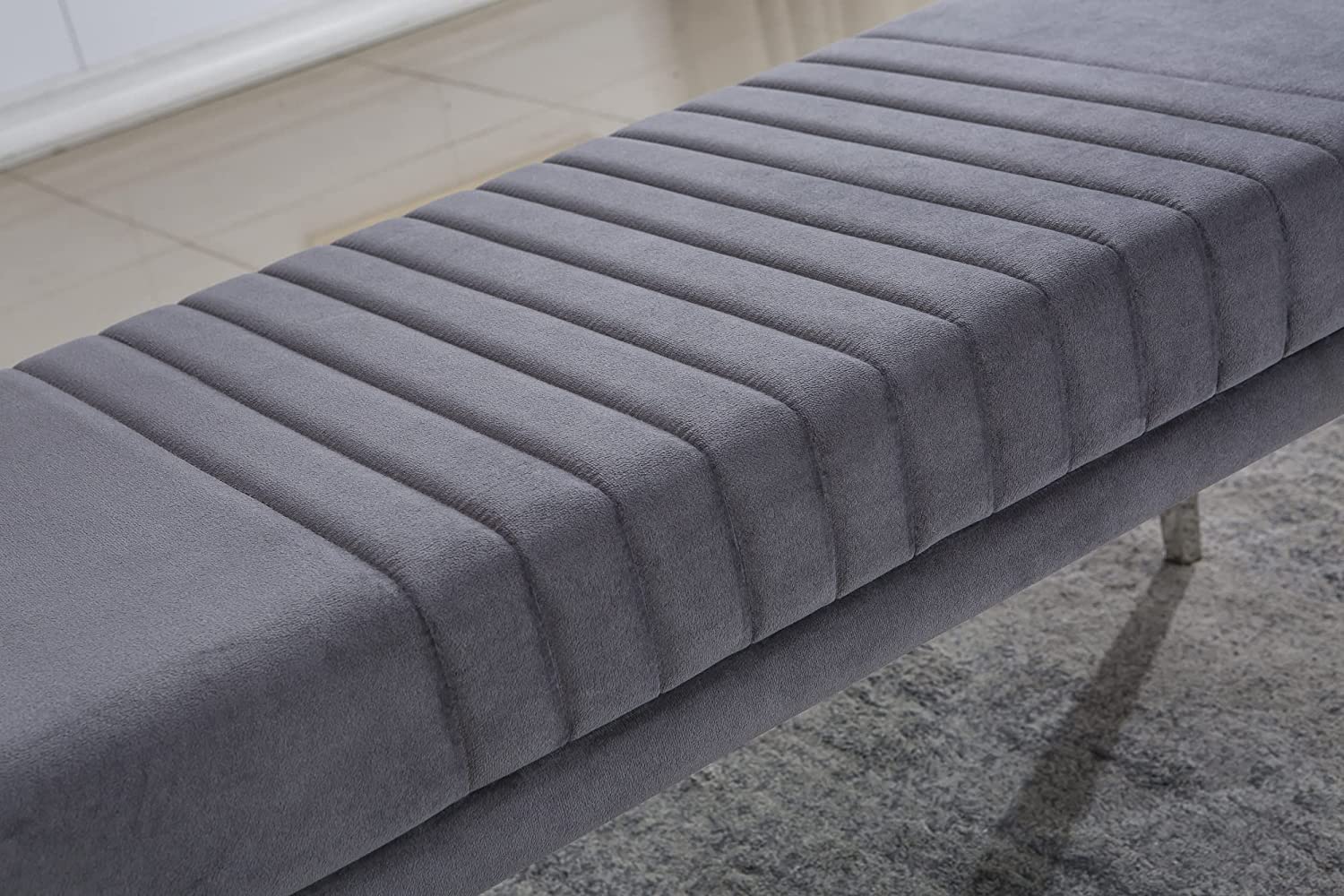 Grey Velvet Bench with Silver Stainless Steel Legs | B102