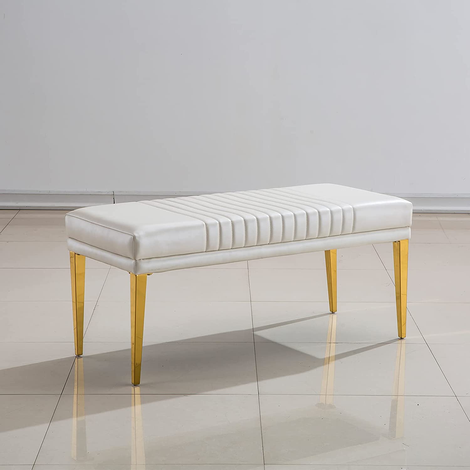 White leather Bench with Gold Stainless Steel Legs | B100