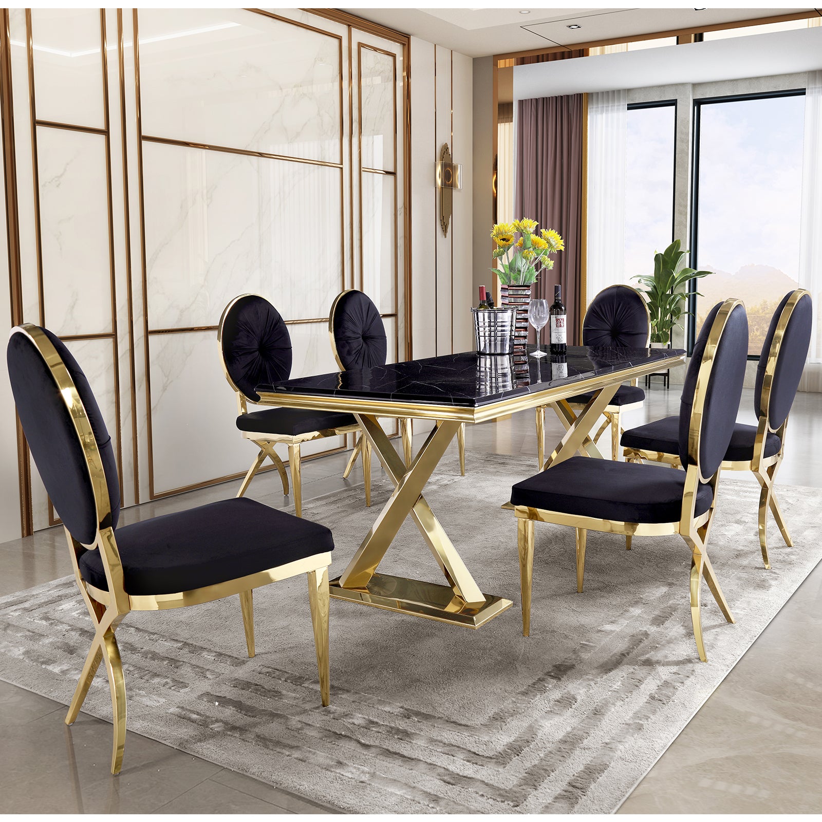 Black DIning table | 72" Rectangle Top | Gold Metal X legs | T211