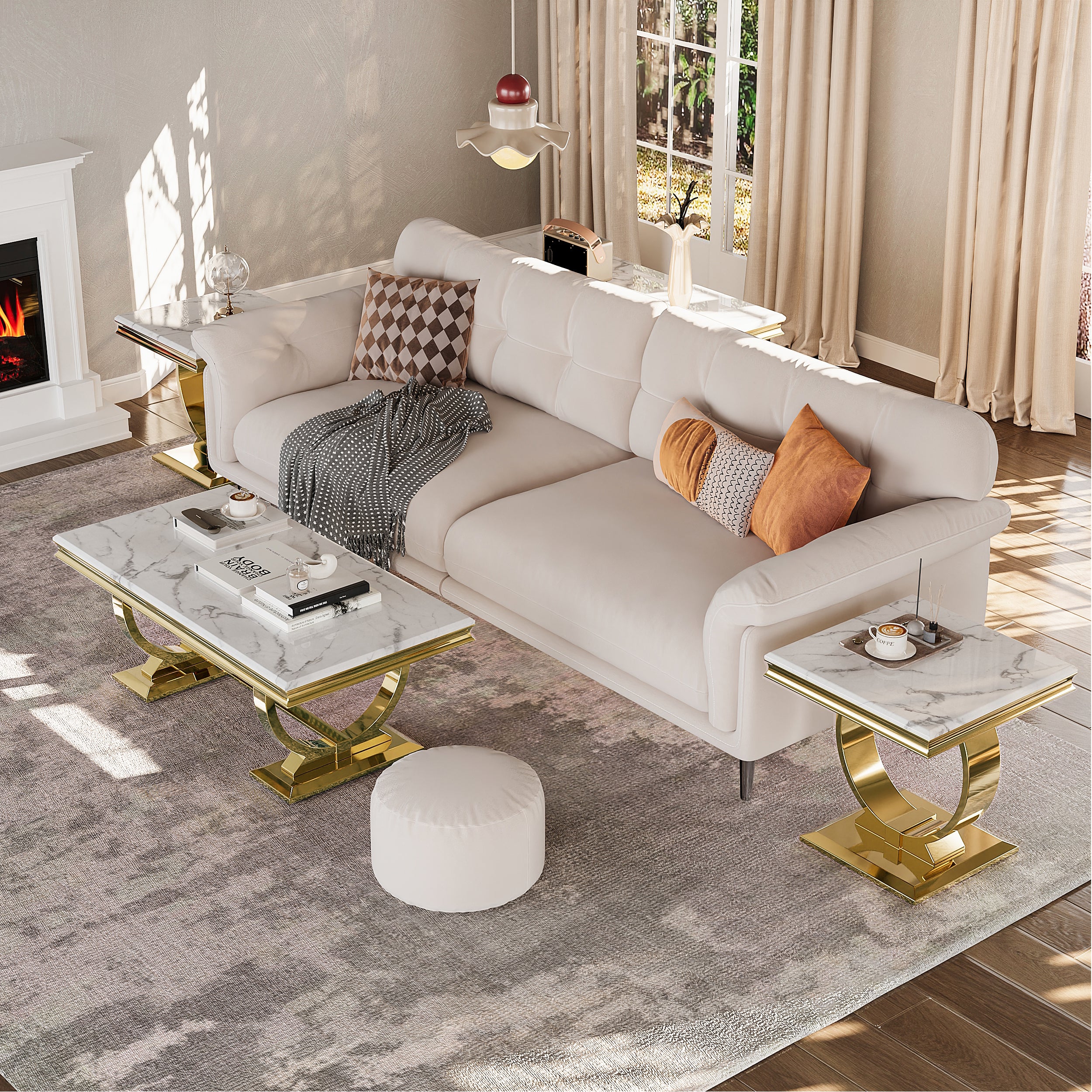 White and gold Coffee Table with Metal U-Base | F306