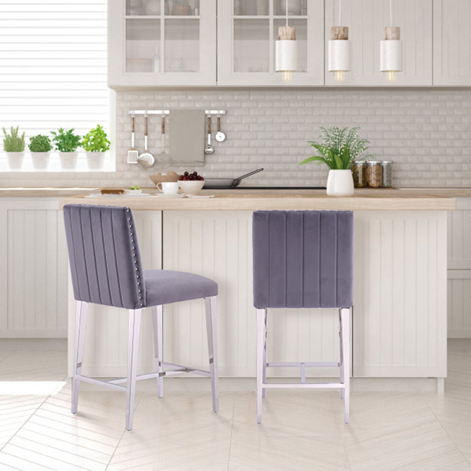 Counter Height Bar Stools | Gray Velvet | 24.8-Inch Height