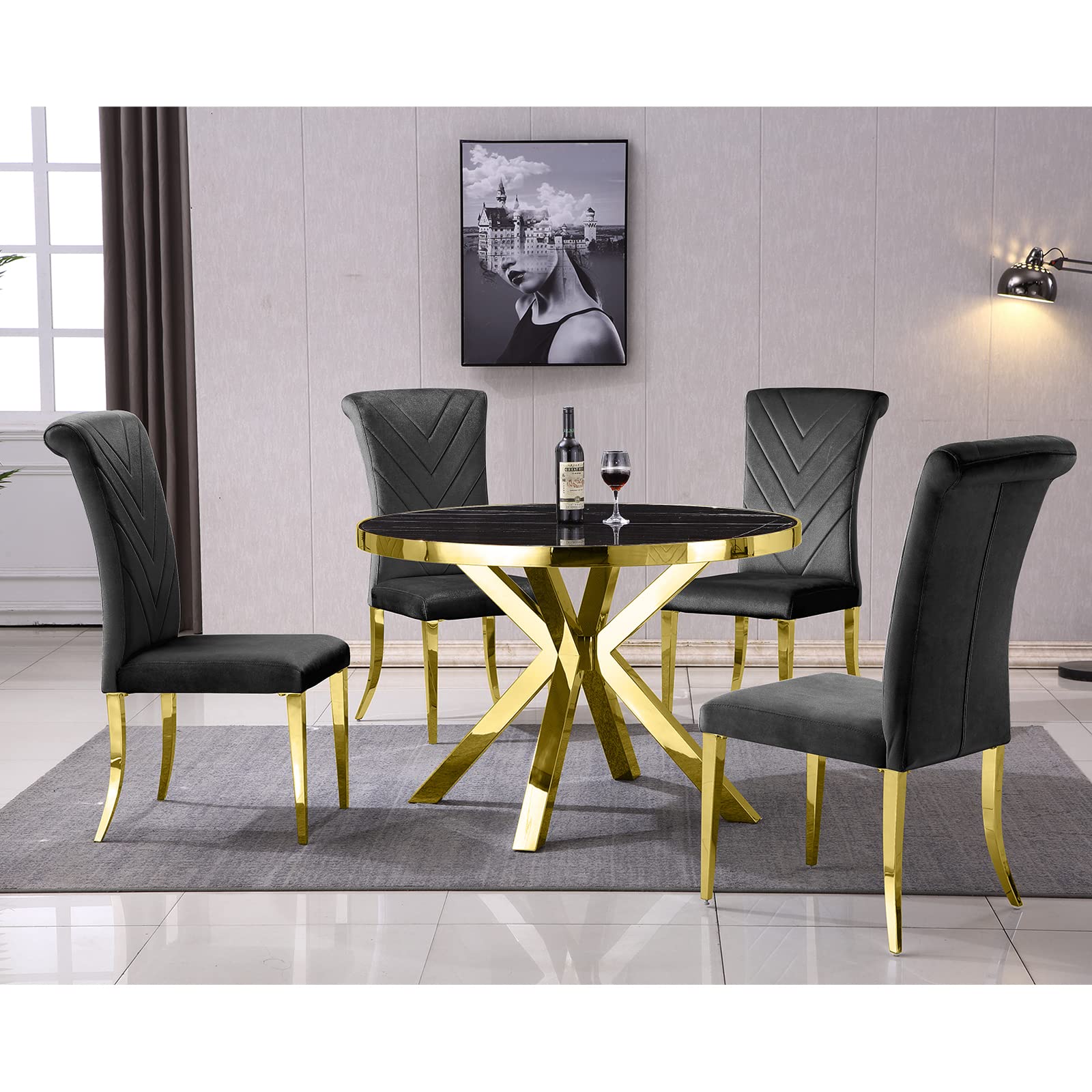 Black velvet dining chairs | High Rolled Back | Gold metal legs | C170
