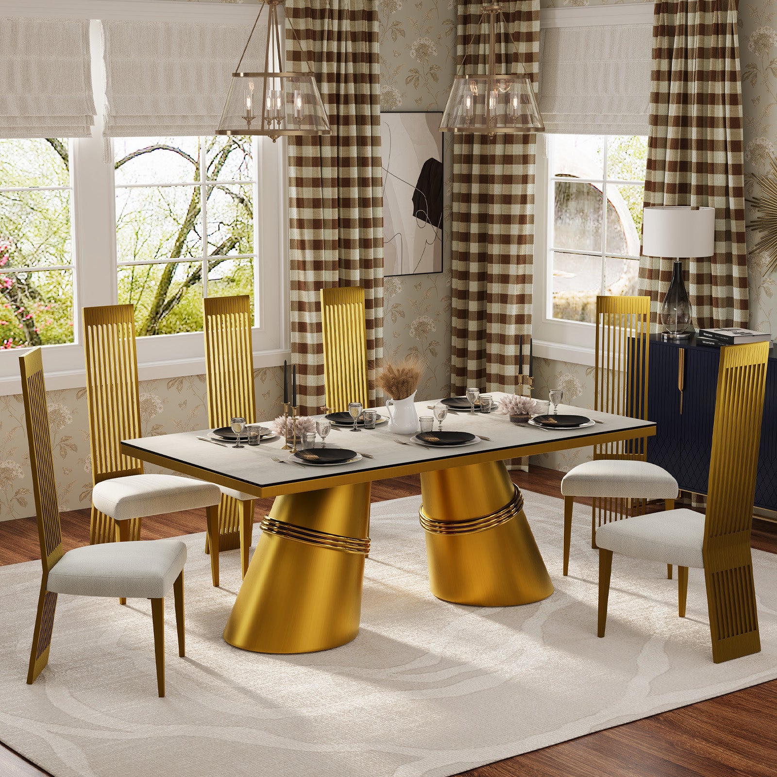 White and Brushed Gold Dining Chairs | Boucle Dining Chairs | Polished Straight legs | C180