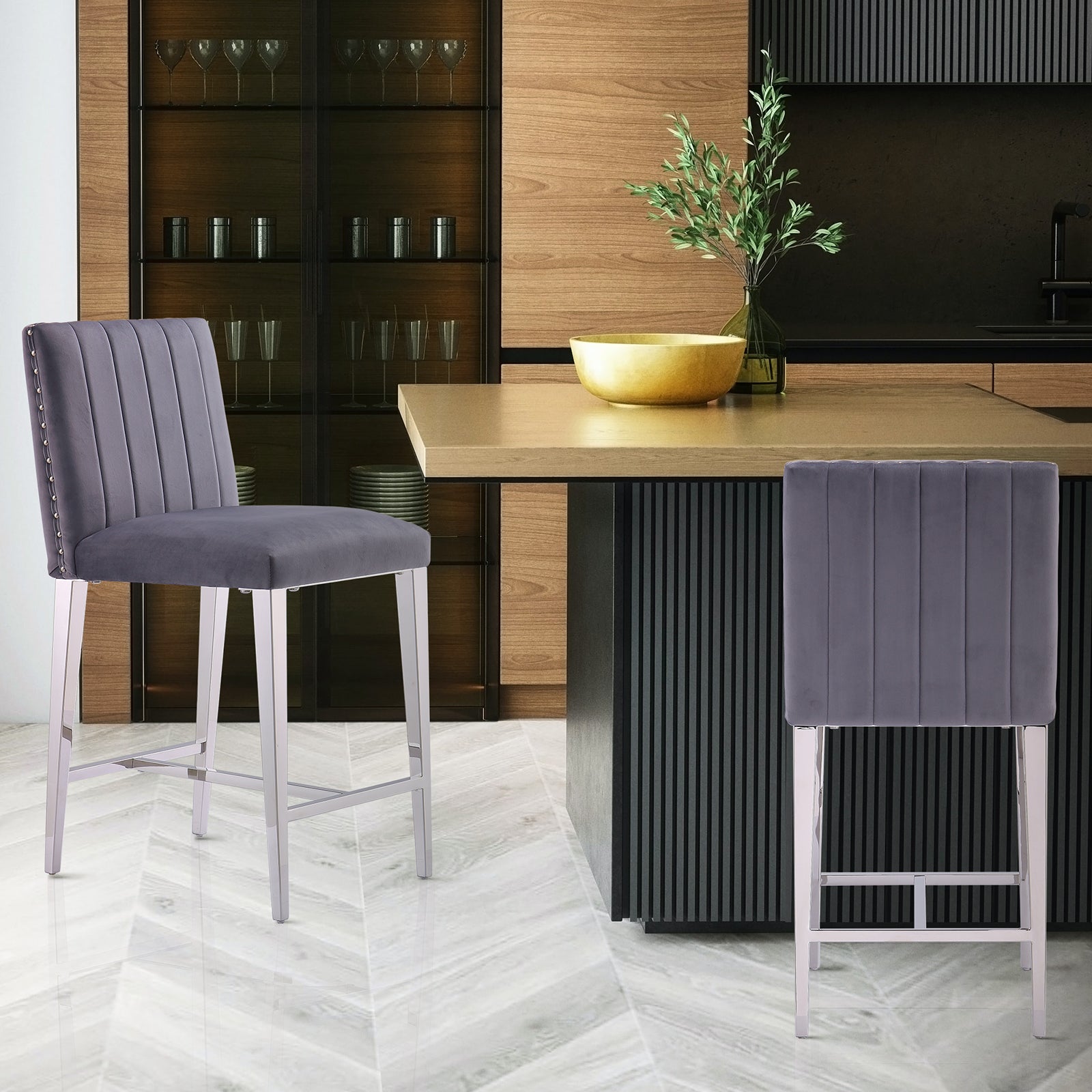 Counter Height Bar Stools | Gray Velvet | 24.8-Inch Height