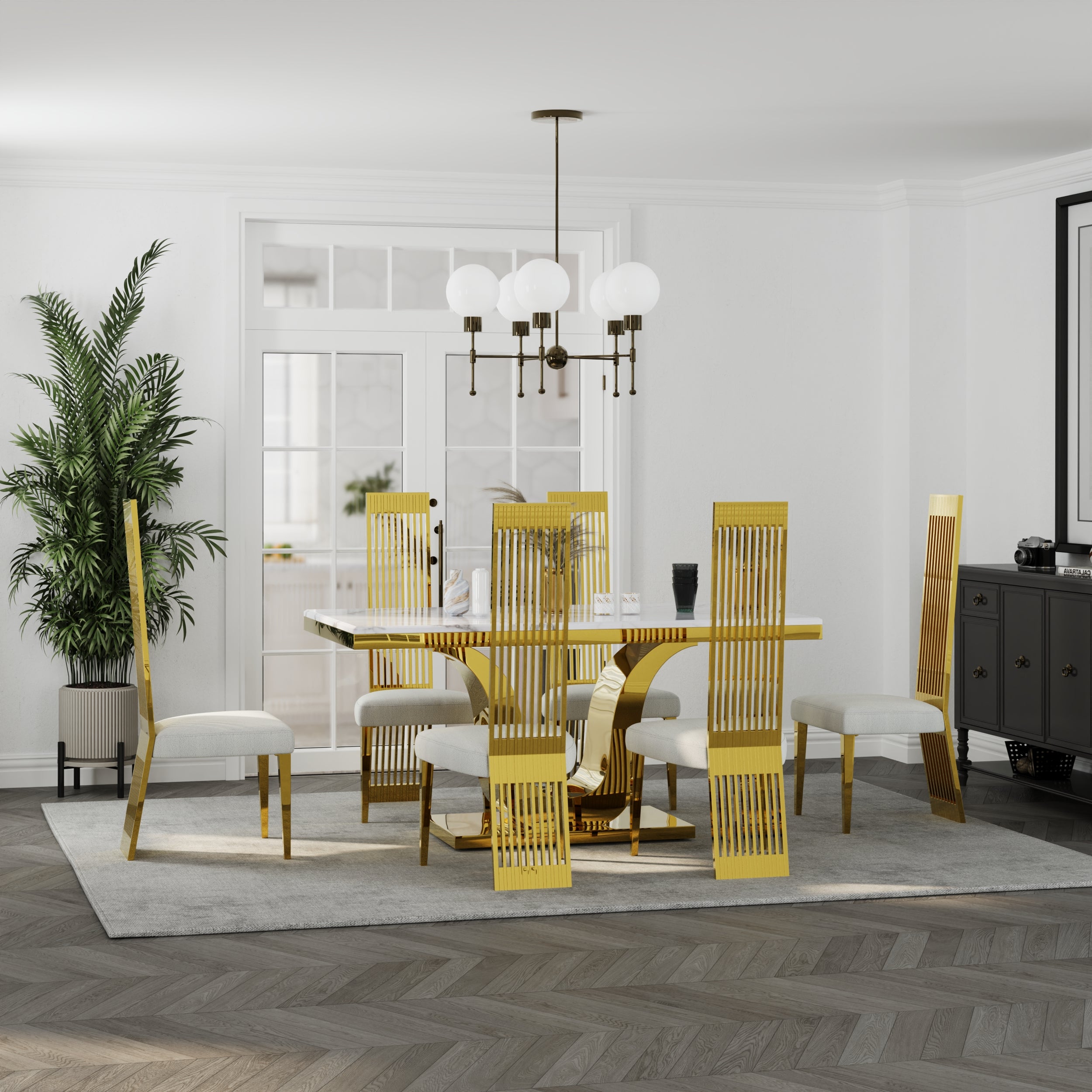 White and Gold Dining Chairs | Boucle Dining Chairs | Polished Straight legs | C179