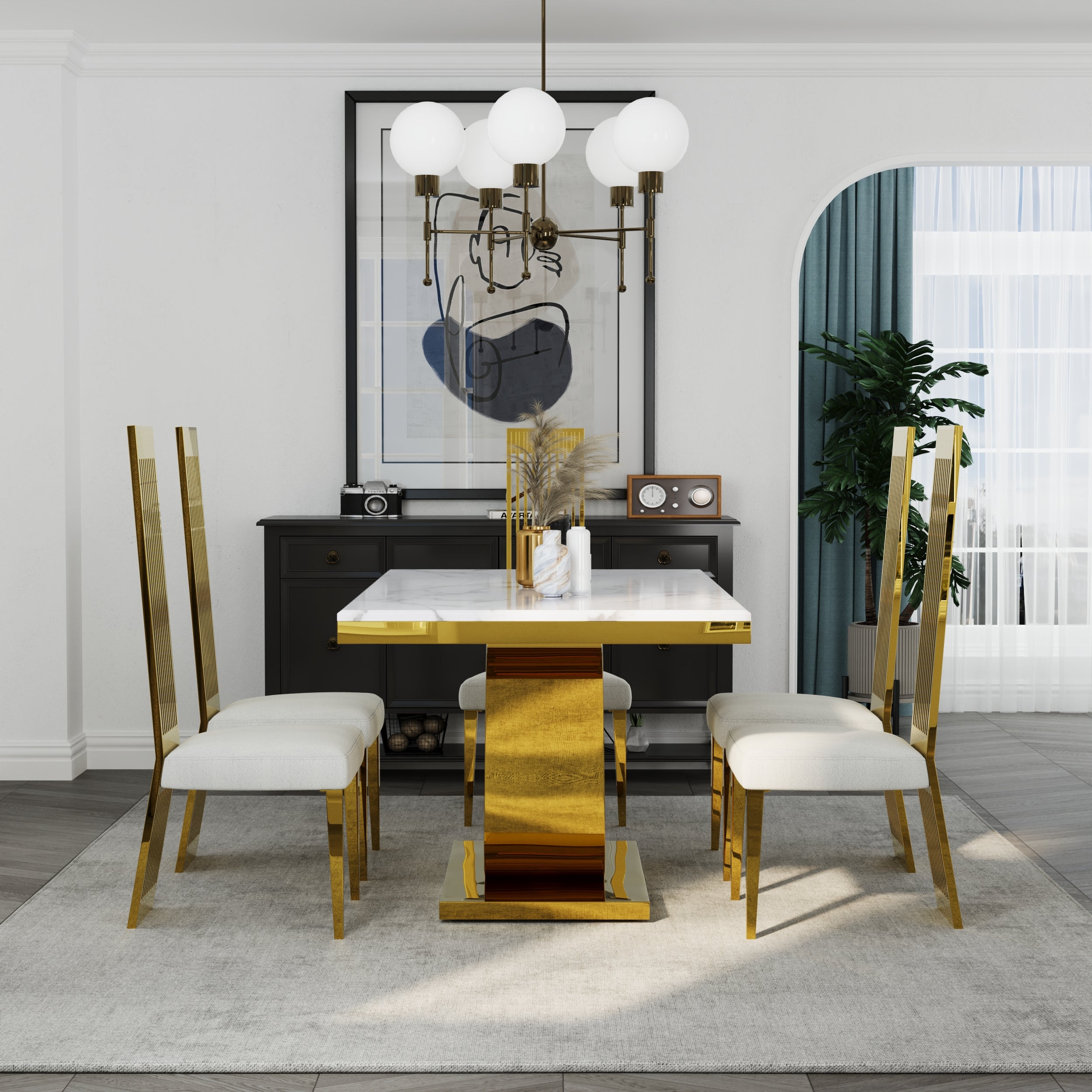 White and Gold Dining Chairs | Boucle Dining Chairs | Polished Straight legs | C179