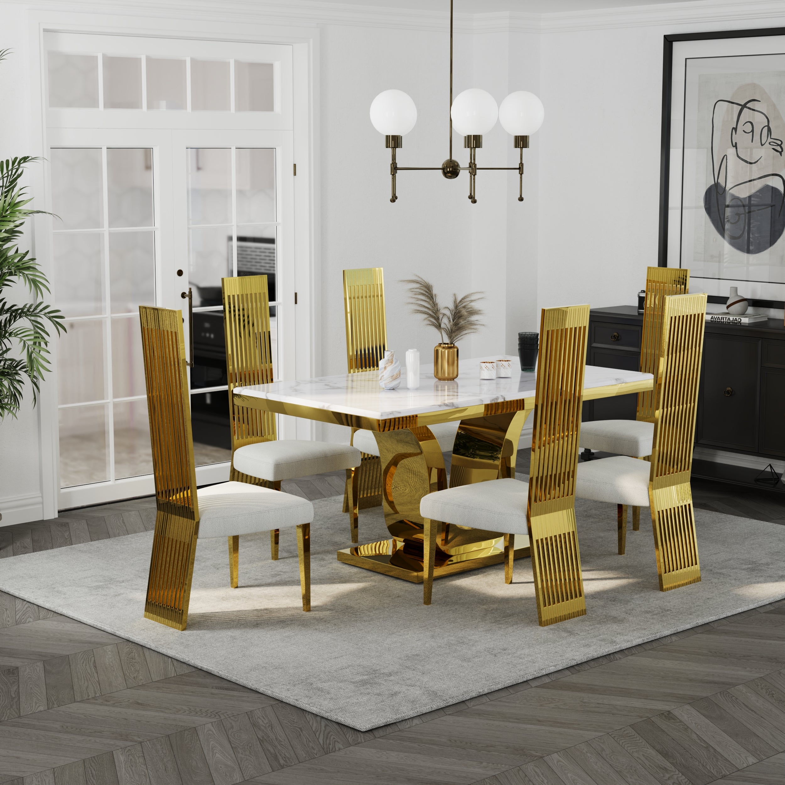 White and Gold Dining Chairs | Boucle Dining Chairs | Polished Straight legs | C179