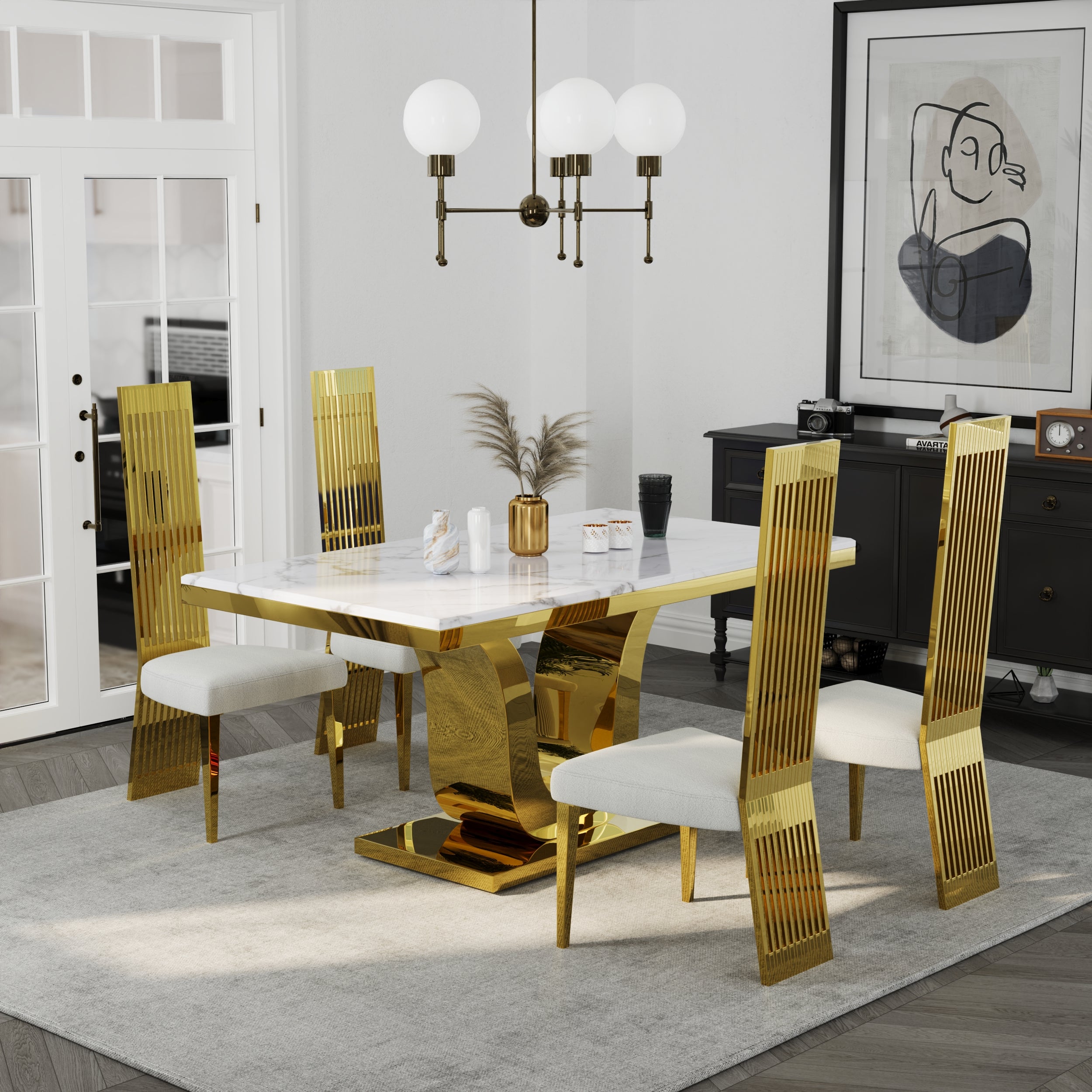 White and Gold Dining Chairs | Boucle Dining Chairs | Polished Straight legs | C179