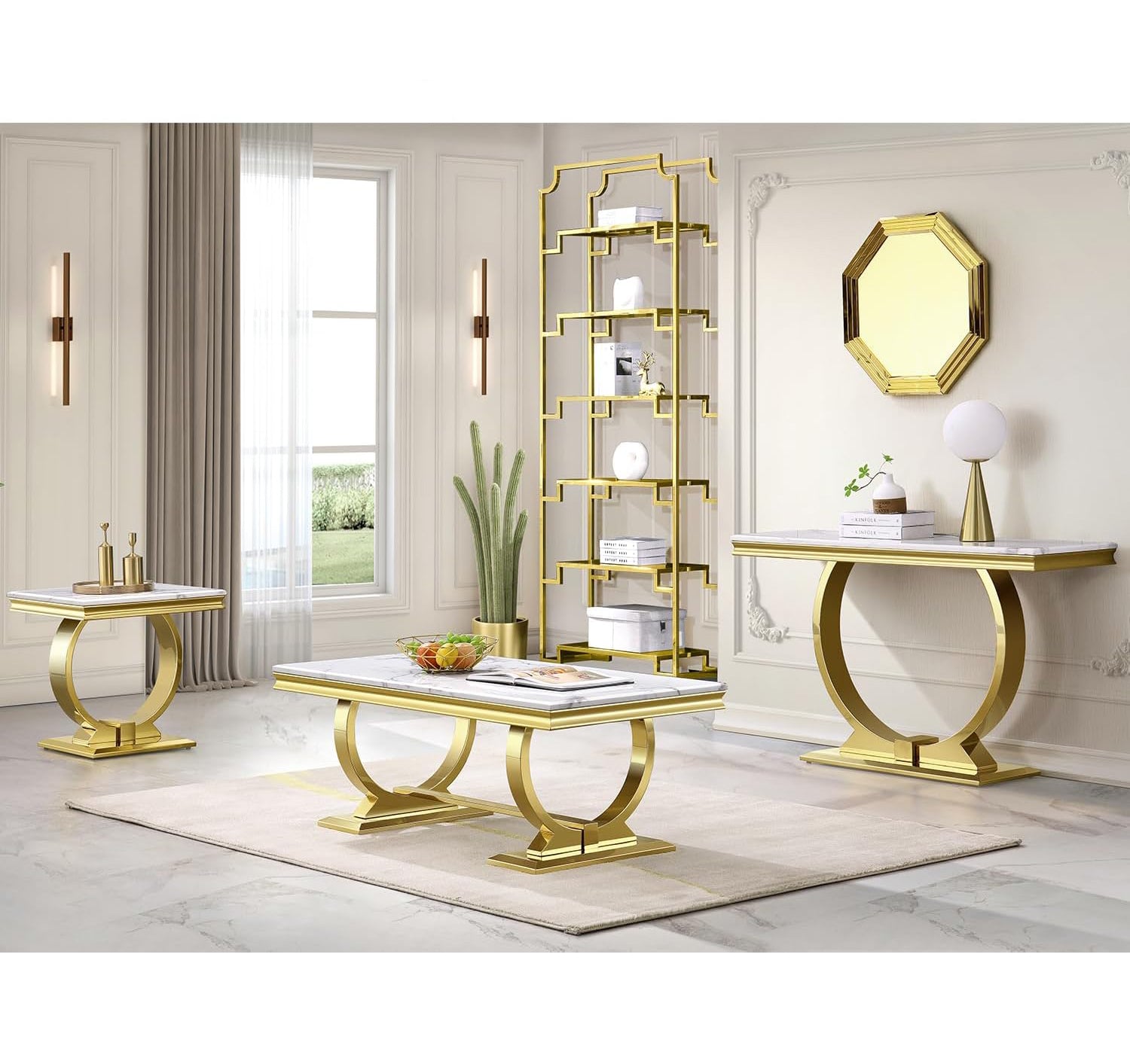 White Gold Living room table Set | U Metal Base | L203