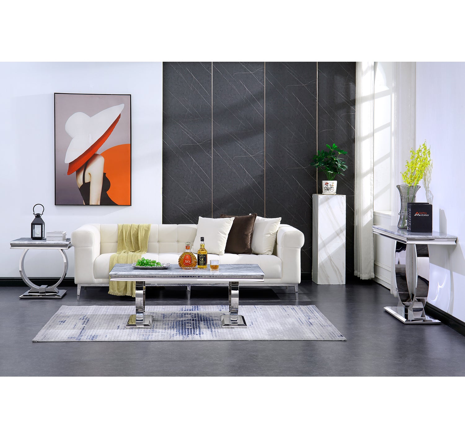 Silver Gray Living room table Set | U Metal Base | L205