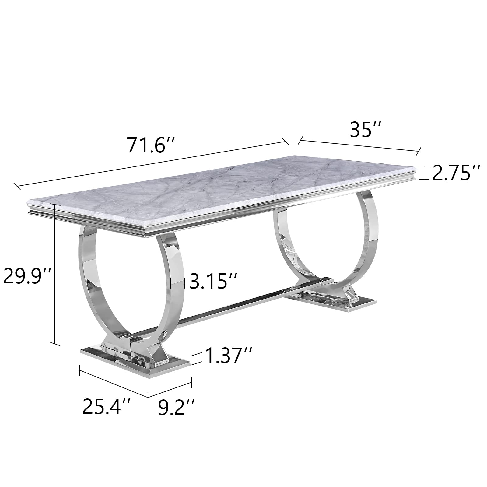 Silver Gray DIning table | 72" Rectangle Top | Silver Metal U Base| T208