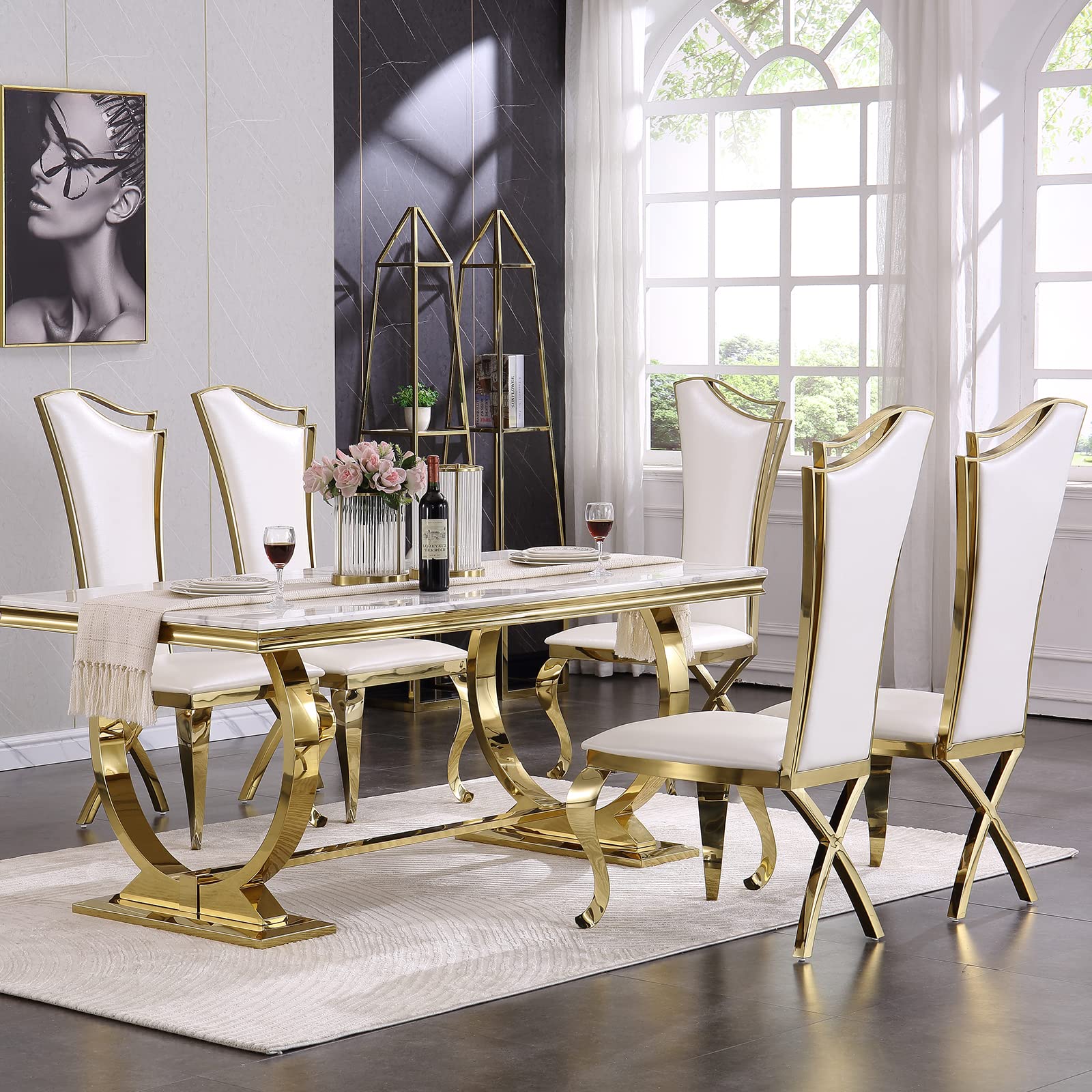 Modern Dining Room Table with Gold Stainless Steel Metal U-Base in White Gold | T206