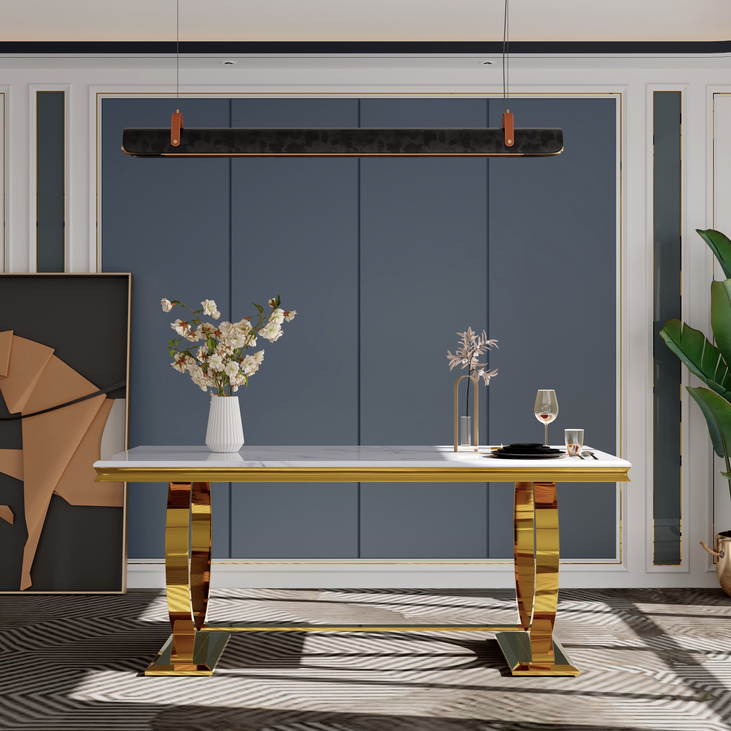 Modern Dining Room Table with Gold Stainless Steel Metal U-Base in White Gold | T206