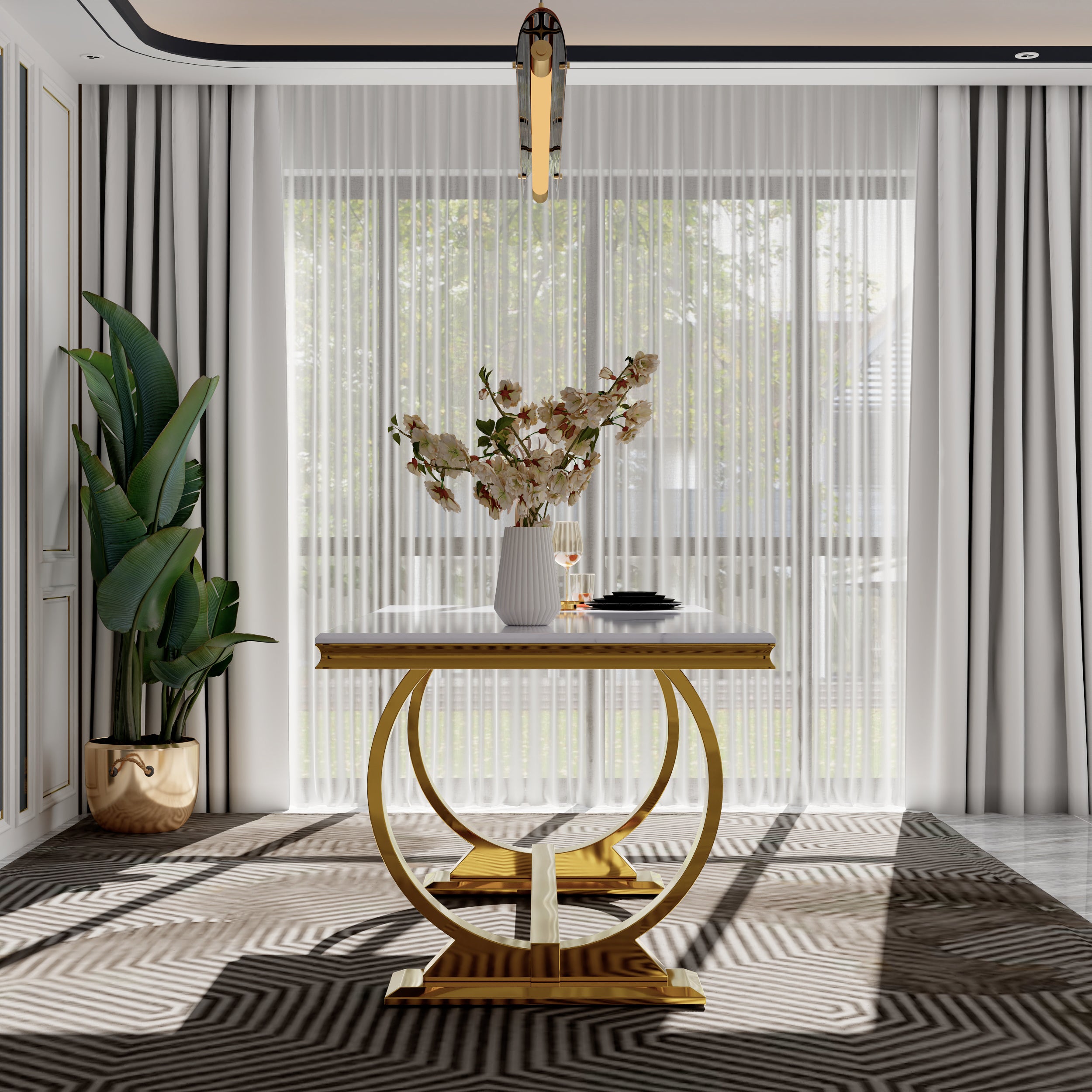 Modern Dining Room Table with Gold Stainless Steel Metal U-Base in White Gold | T206