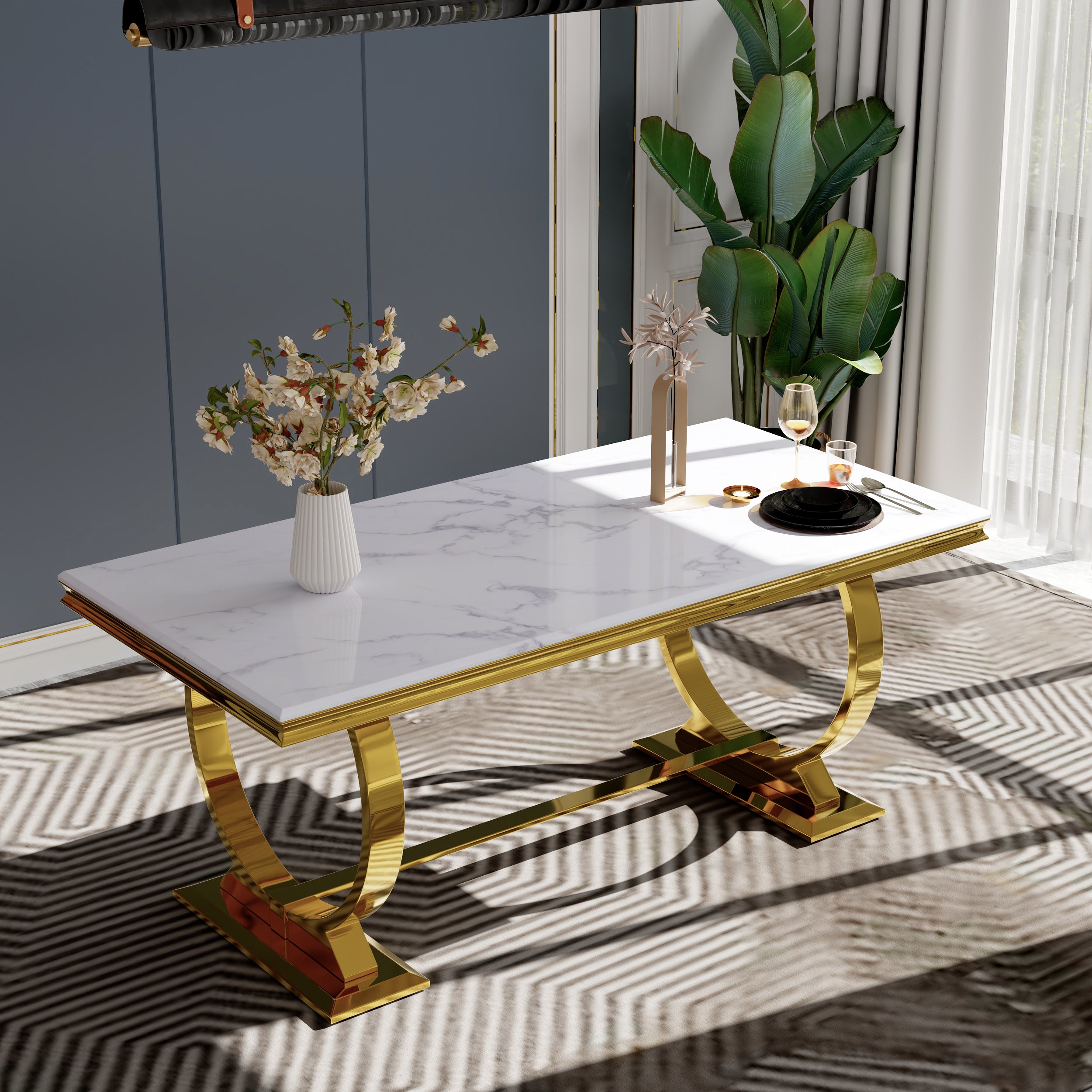 Modern Dining Room Table with Gold Stainless Steel Metal U-Base in White Gold | T206
