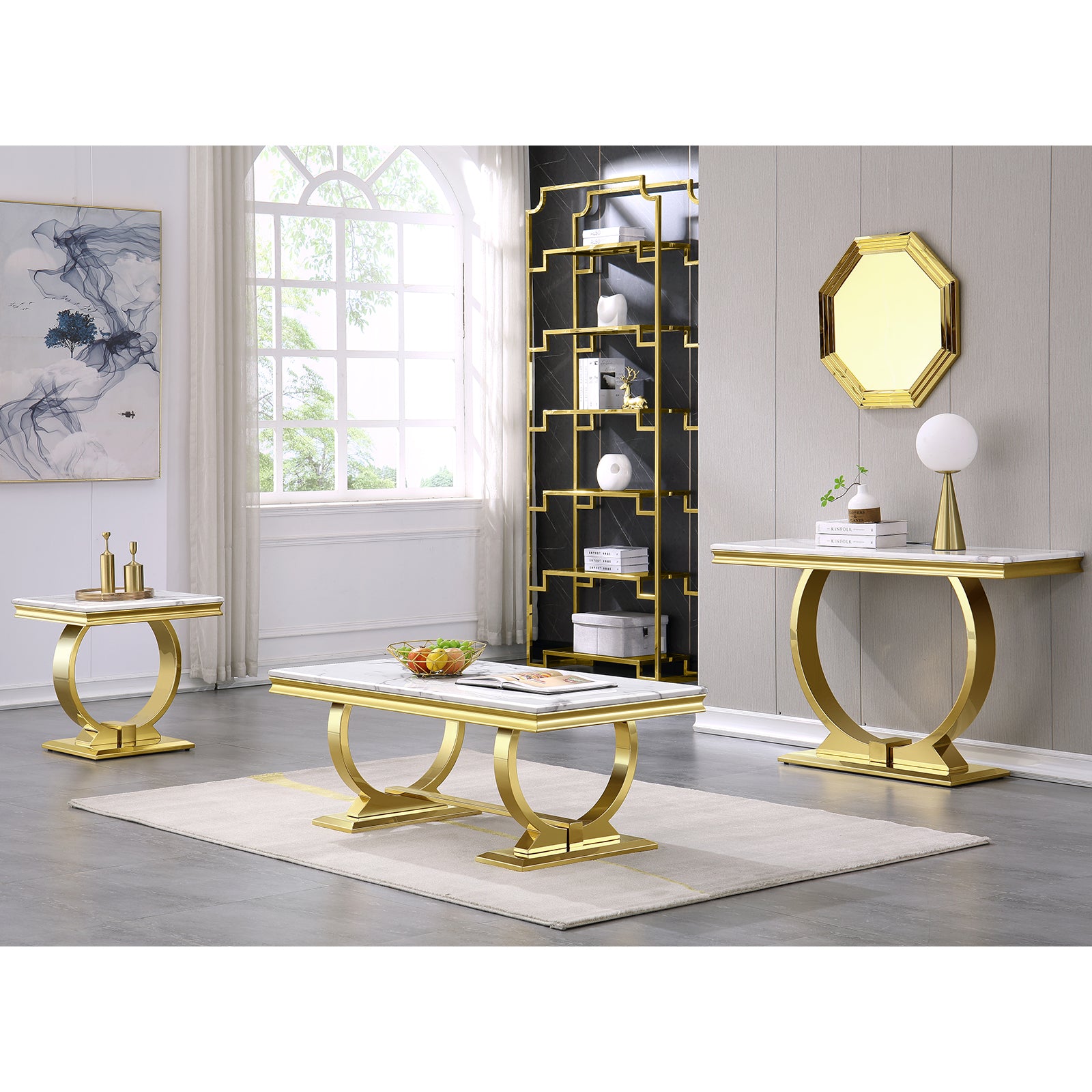 White Gold Living room table Set | U Metal Base | L203