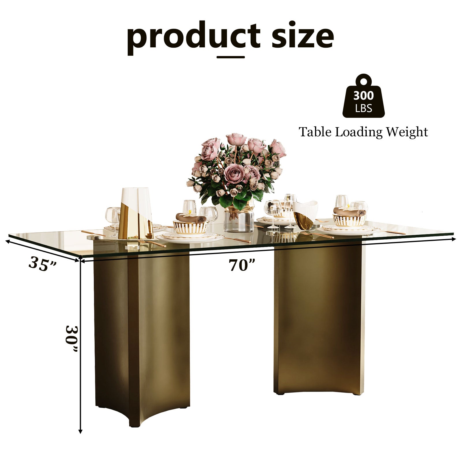 70" Glass Dining Table | Triangle Base Dining Table Table for 4-6 | Stainless Steel Brushed Gold Frame | T239