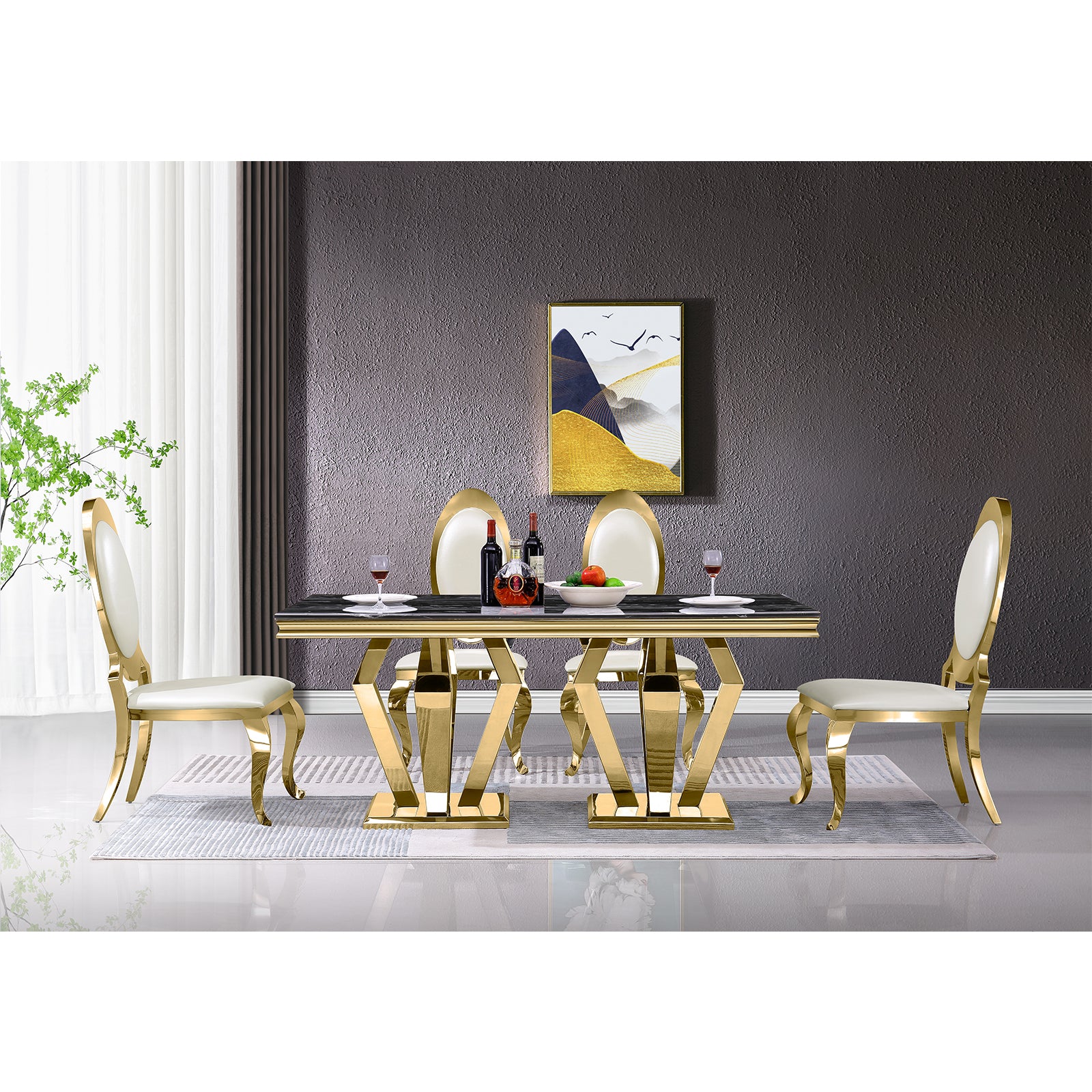 AUZ White and Gold Dining room Set for 6-78inch Dining table with 6 Dining Chairs