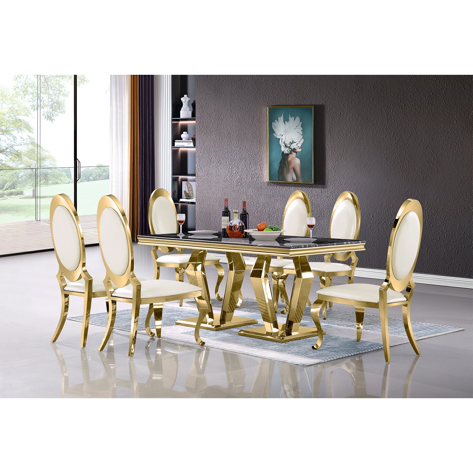 AUZ White and Gold Dining room Set for 6-78inch Dining table with 6 Dining Chairs