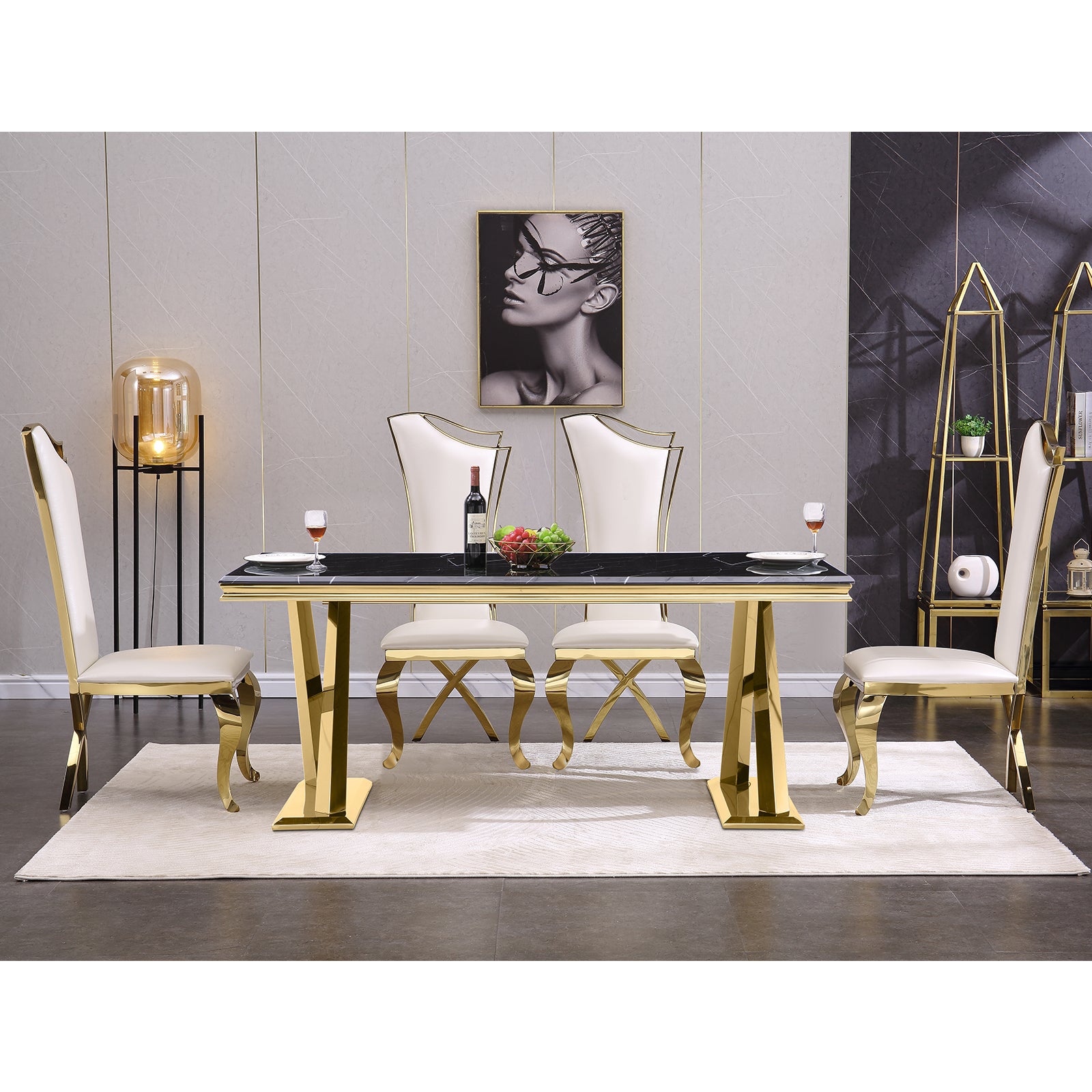 Wholesale White Leather Upholstered Dining Chairs with Gold Metal Legs