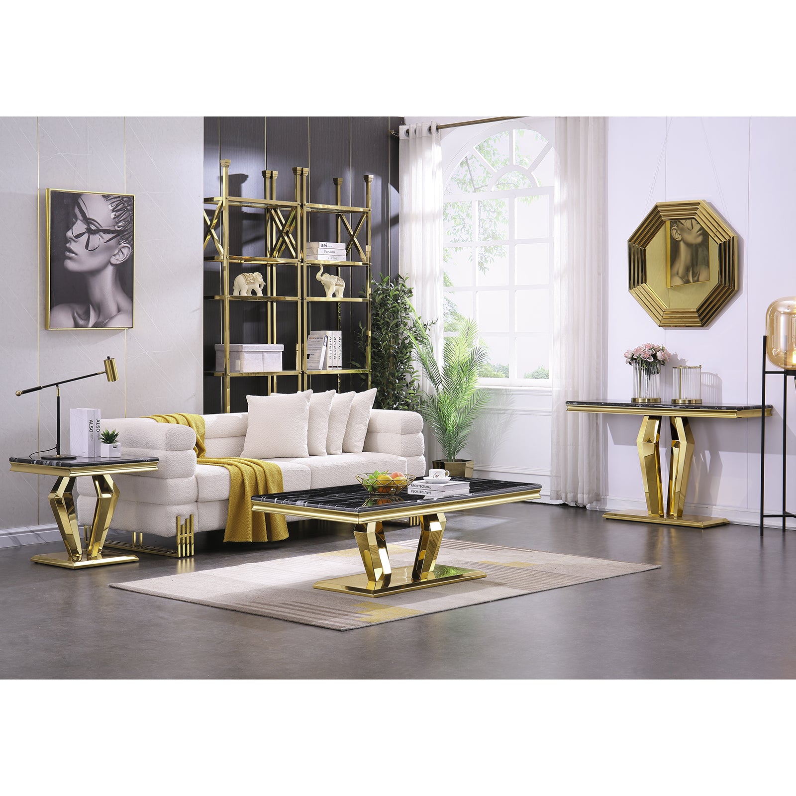 End Table with Gold Geometric Metal Base | E415