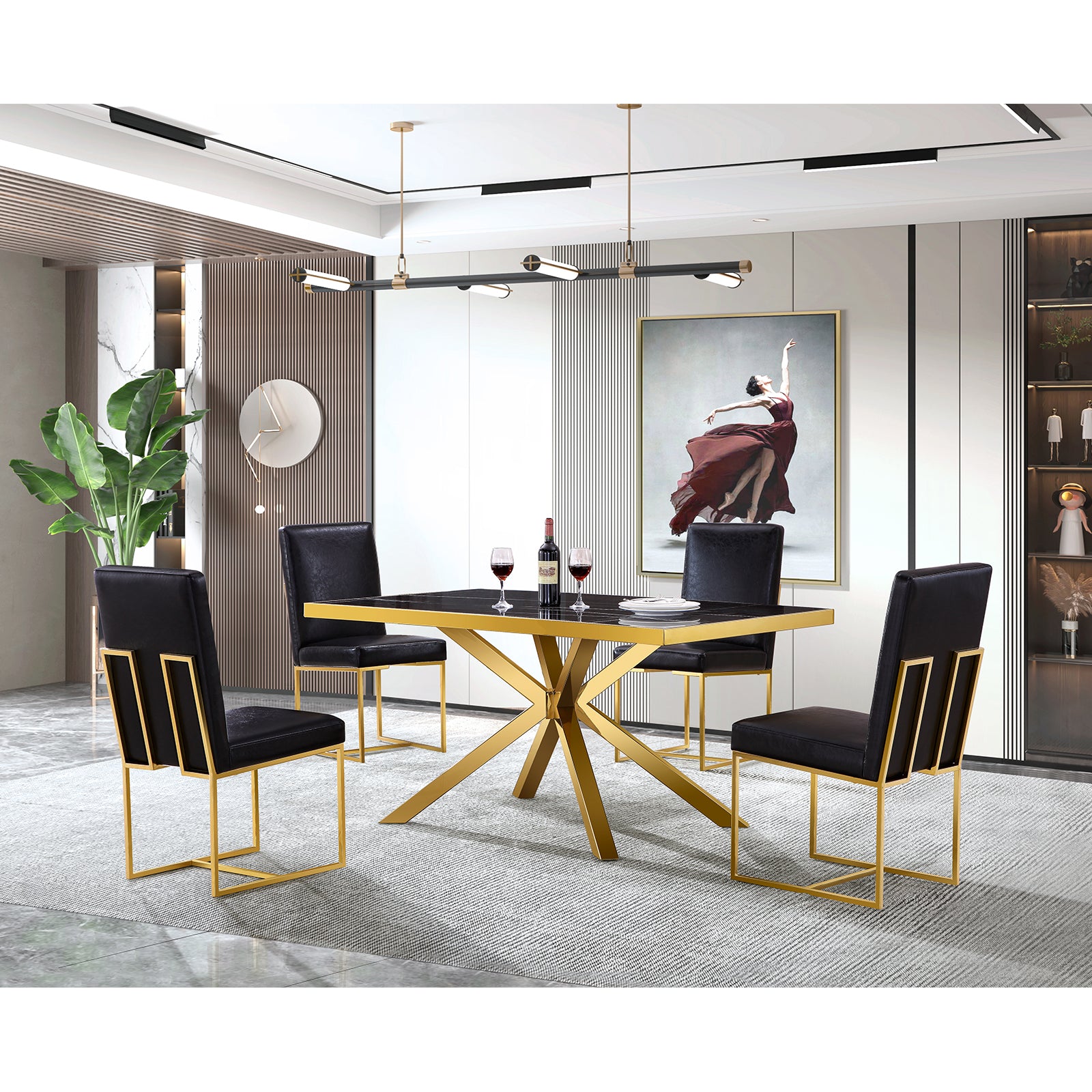 Black leather Dining Chairs | Square backrest| Metal sled base | C147