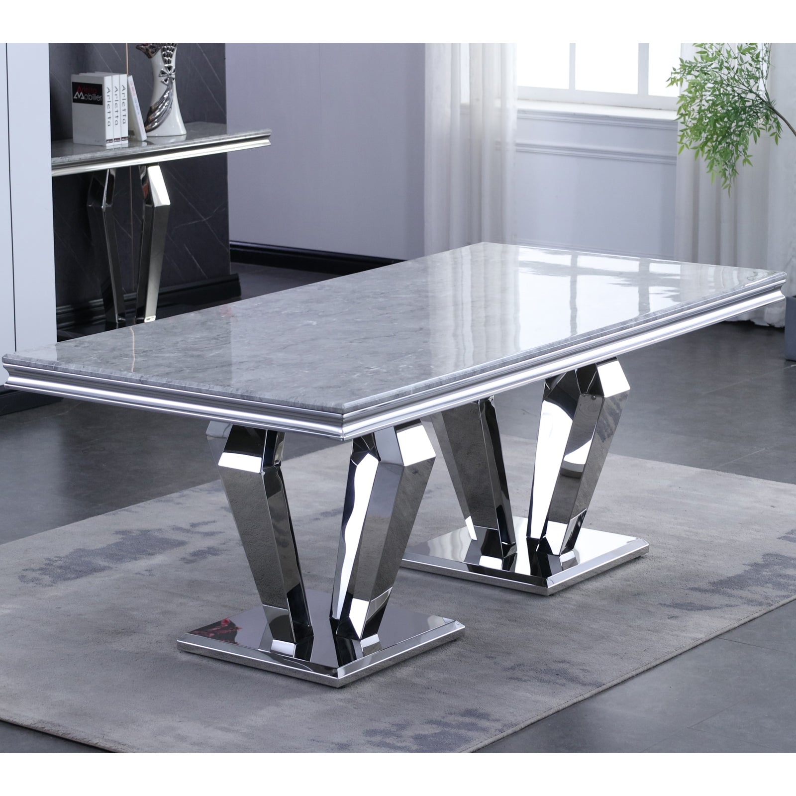 AUZ Luxury Dining table for 8 people | 78" Gray Top | Metal Four geometric legs | T210